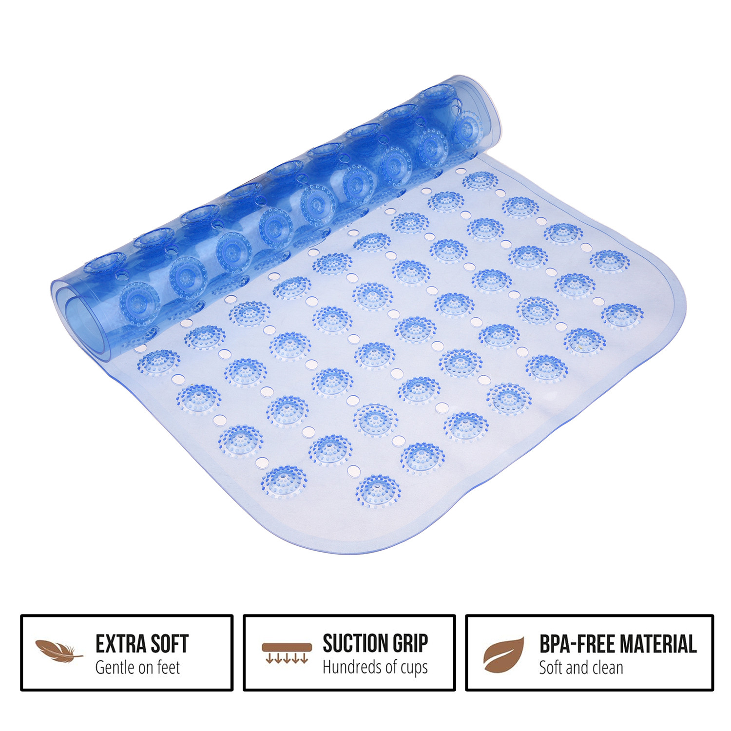 Kuber Industries Bath Mat | PVC Bathroom Mat | Shower Bath Mat | Transparent Round Floor Tub Mat | Foot Massager Mat | Anti-Skid Shower Mat with Drain Holes | Blue