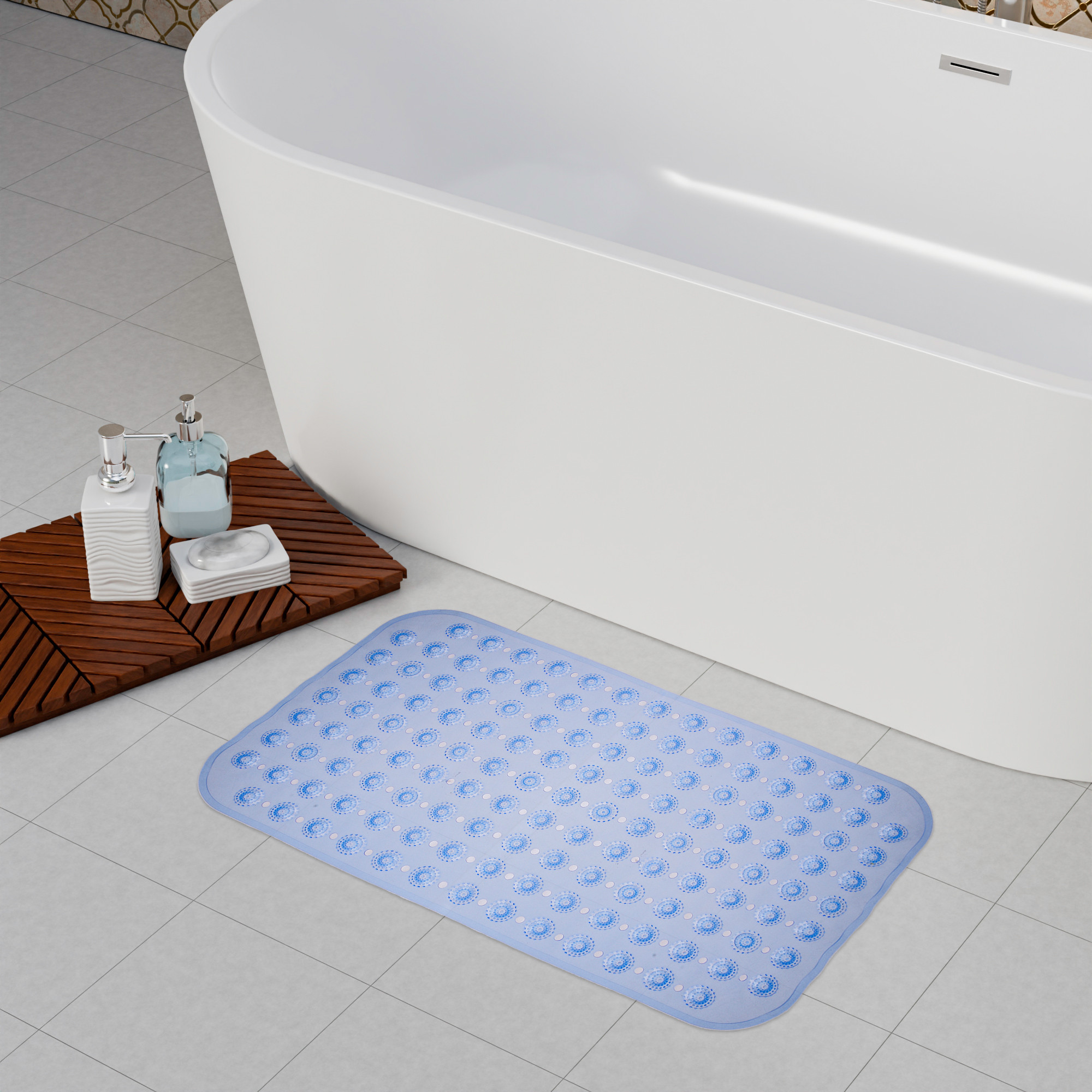 Kuber Industries Bath Mat | PVC Bathroom Mat | Shower Bath Mat | Transparent Round Floor Tub Mat | Foot Massager Mat | Anti-Skid Shower Mat with Drain Holes | Blue