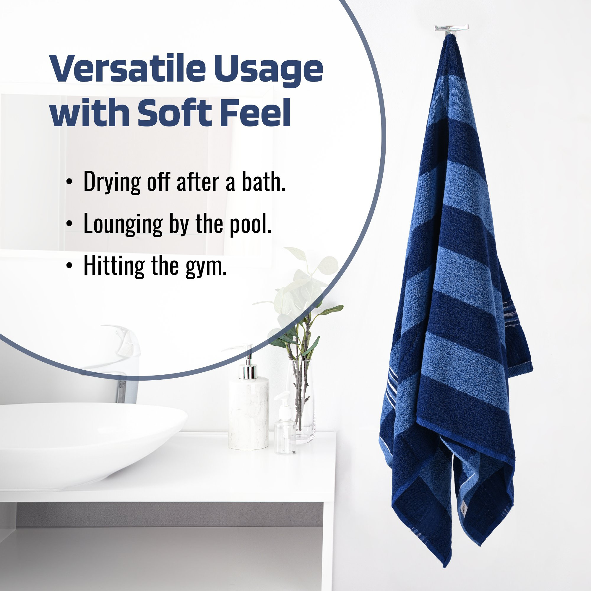 Kuber Industries Bath Towel  144 GSM Cotton Bathroom Towel  Highly Absorbent Bathing Towel  Bath Towel for Men  Towel for Bath-Gym-Travel  Dark Blue Patti  30x60 Inch  Light Blue