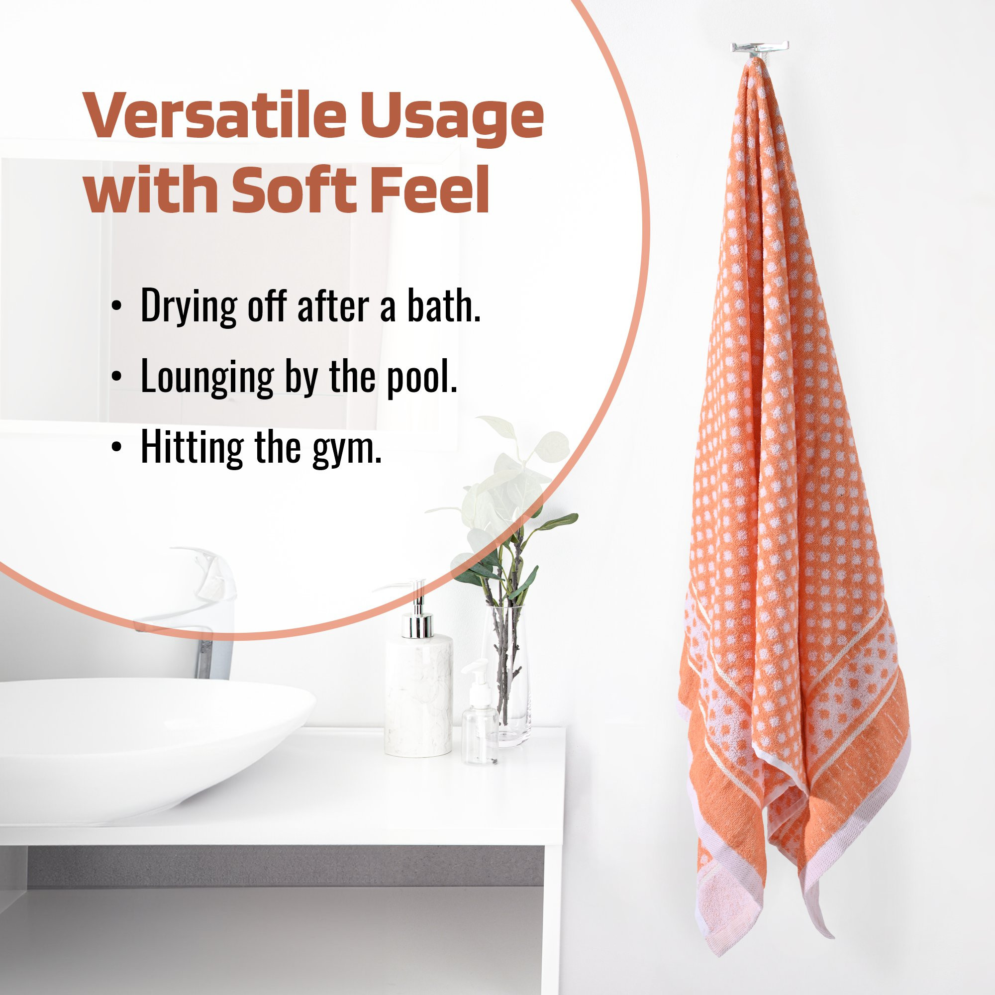Kuber Industries Bath Towel  144 GSM Cotton Unisex Bathroom Towel  30x60 Inch  Highly Absorbent  Bathing Towel  Towel for Bath-Gym-Travel-Beach-Pool  Yoga  Dot Print  Orange