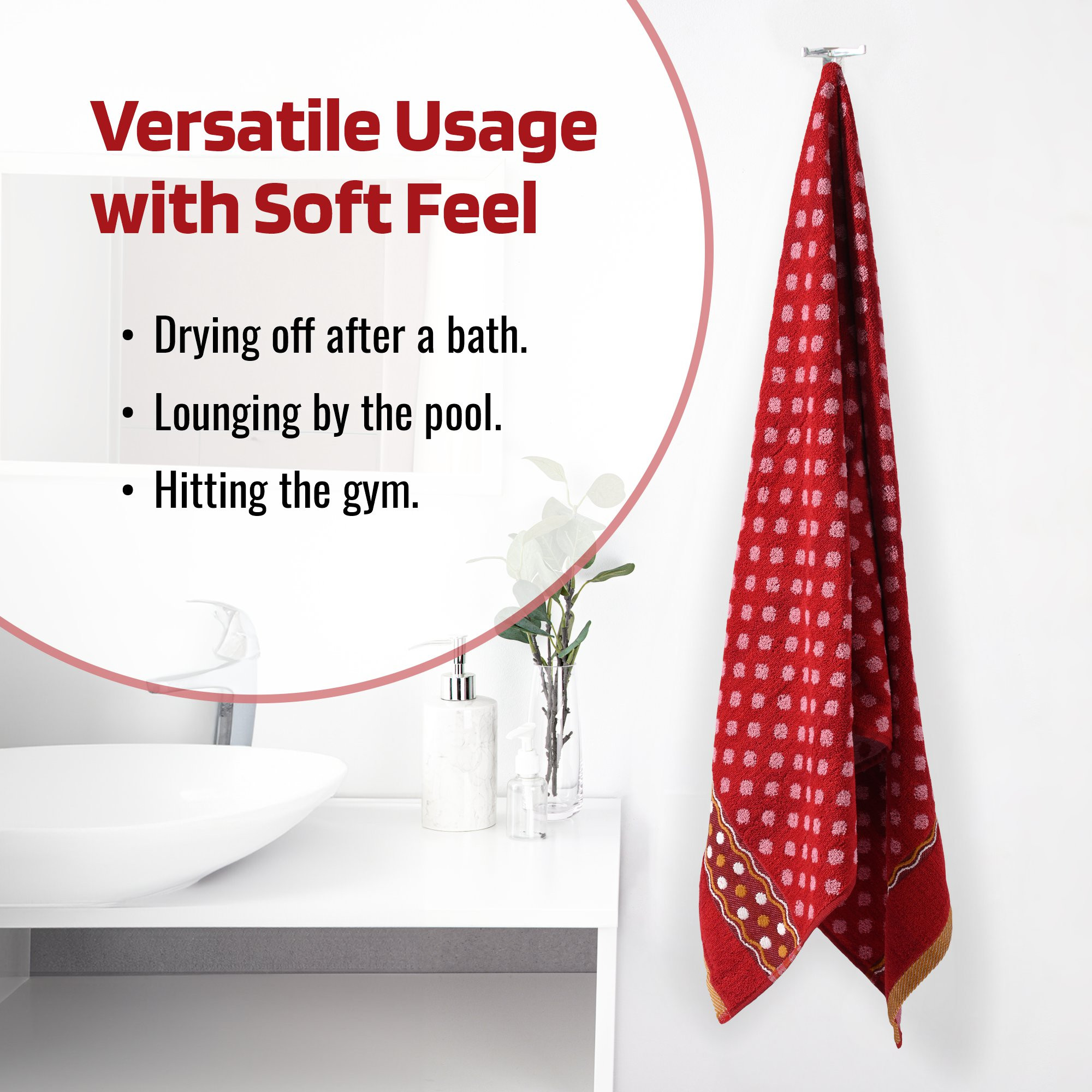 Kuber Industries Bath Towel  144 GSM Cotton Unisex Bathroom Towel  30x60 Inch  Highly Absorbent  Bathing Towel  Towel for Bath-Gym-Travel-Beach-Pool  Yoga  Dot Print  Red