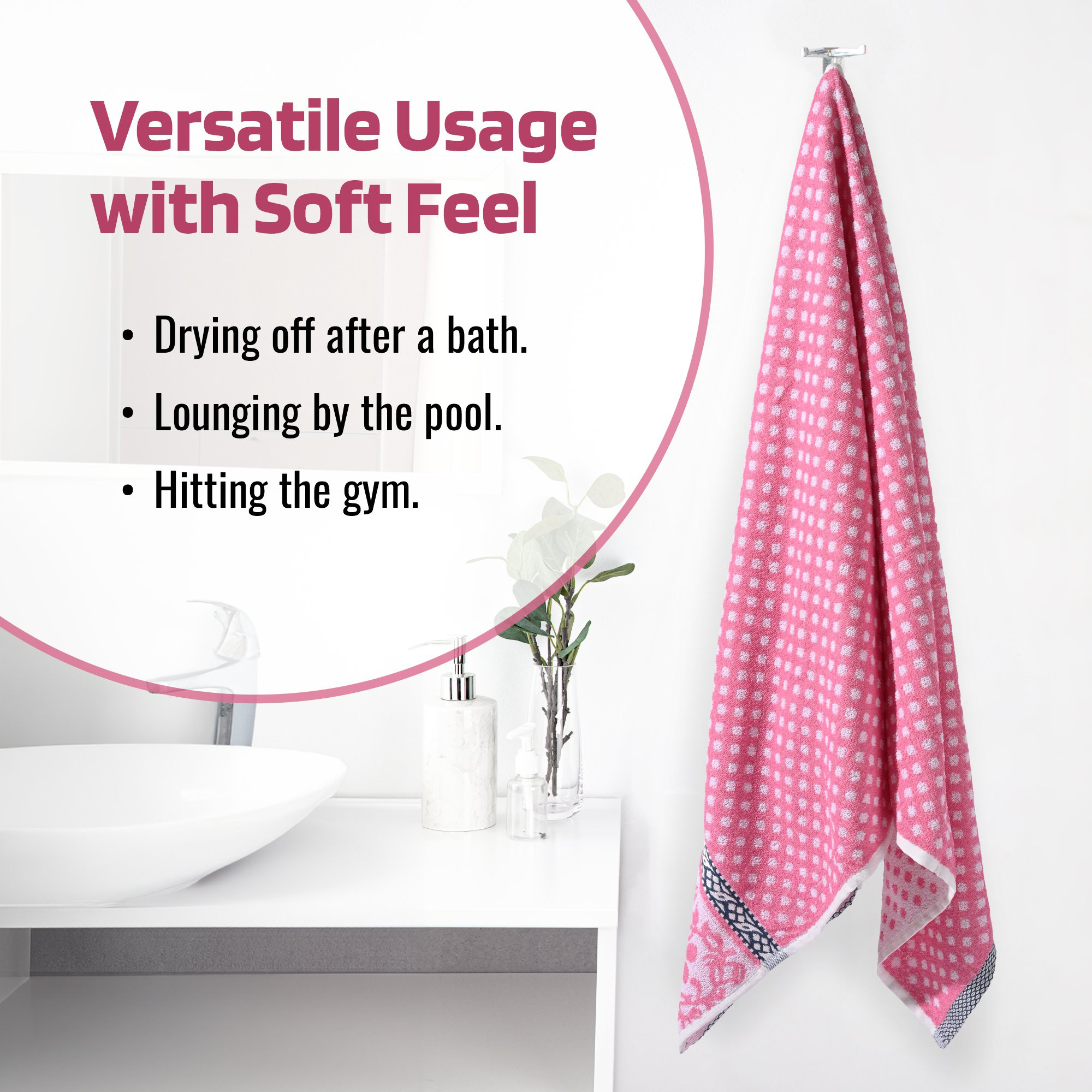 Kuber Industries Bath Towel  144 GSM Cotton Unisex Bathroom Towel  30x60 Inch  Highly Absorbent  Bathing Towel  Towel for Bath-Gym-Travel-Beach-Pool  Yoga  Dot Print  Pink