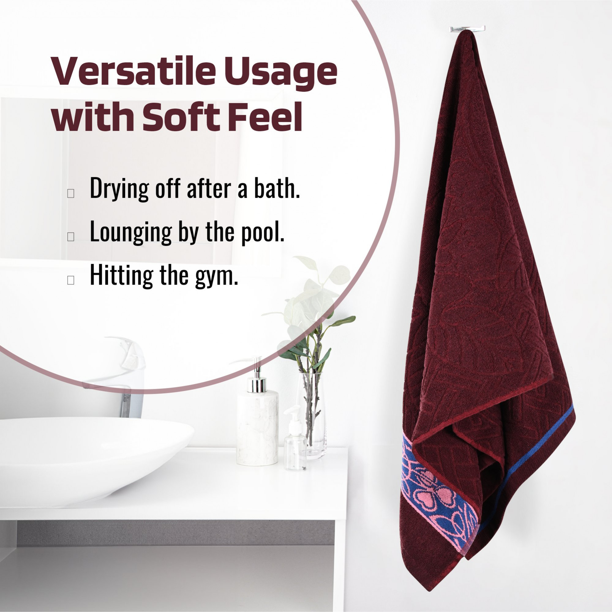Kuber Industries Bath Towel  27x54 Inch  Towel for Bathing  Towels for Bath  Towel for Bath-Gym-Travel-Beach-Pool  144 GSM Cotton Unisex Bathroom Towel  Leaf Embossed  Maroon