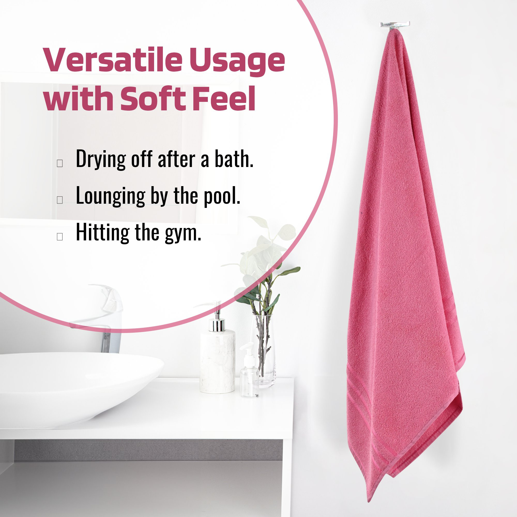 Kuber Industries Bath Towel  30x60 Inch  Towel for Bath-Gym-Travel-Beach-Pool  Towel for Bathing  144 GSM Cotton Unisex Bathroom Towel  Towels for Bath  Plain Lining  Pink
