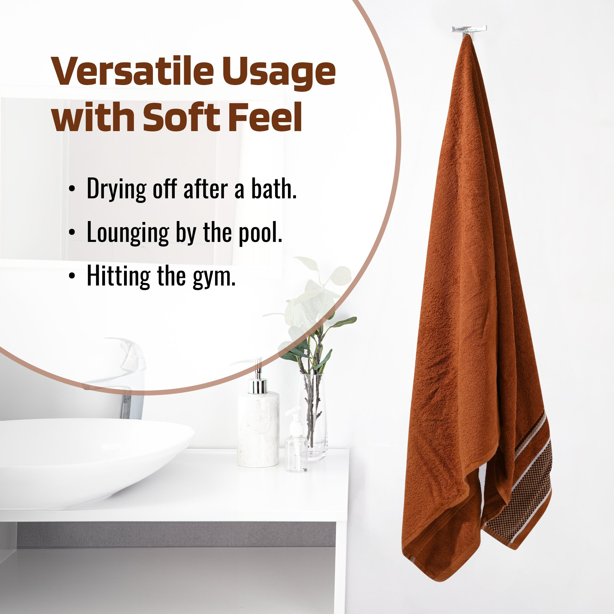 Kuber Industries Bath Towel  Bath Towel for Men  Highly Absorbent Bathing Towel  144 GSM Cotton Bathroom Towel  Towel for Bath-Gym-Travel  Check Border  30x60 Inch  Brown