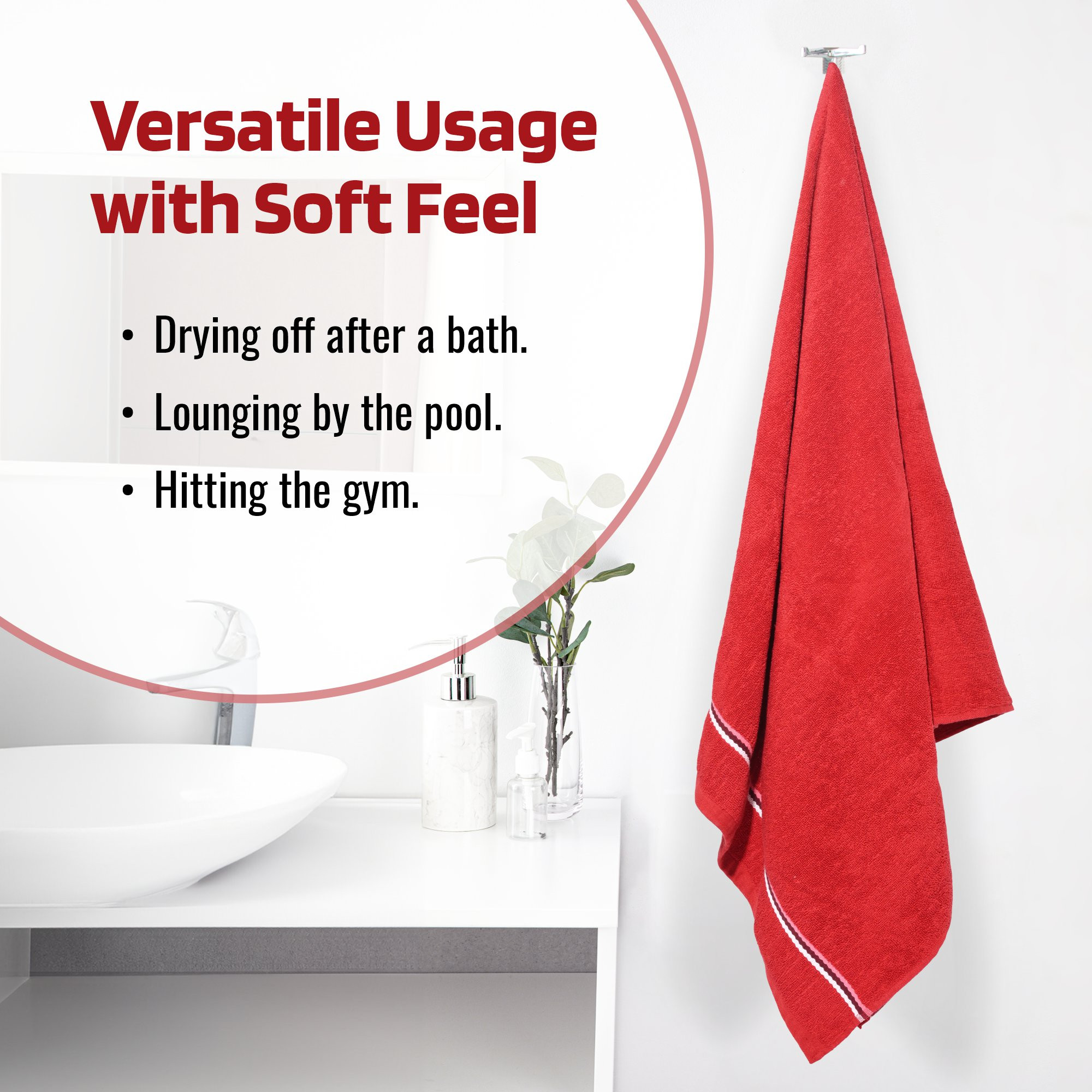 Kuber Industries Bath Towel  Highly Absorbent Bathing Towel  144 GSM Cotton Bathroom Towel  Bath Towel for Men  Towel for Bath-Gym-Travel  Check Border  30x60 Inch  Red