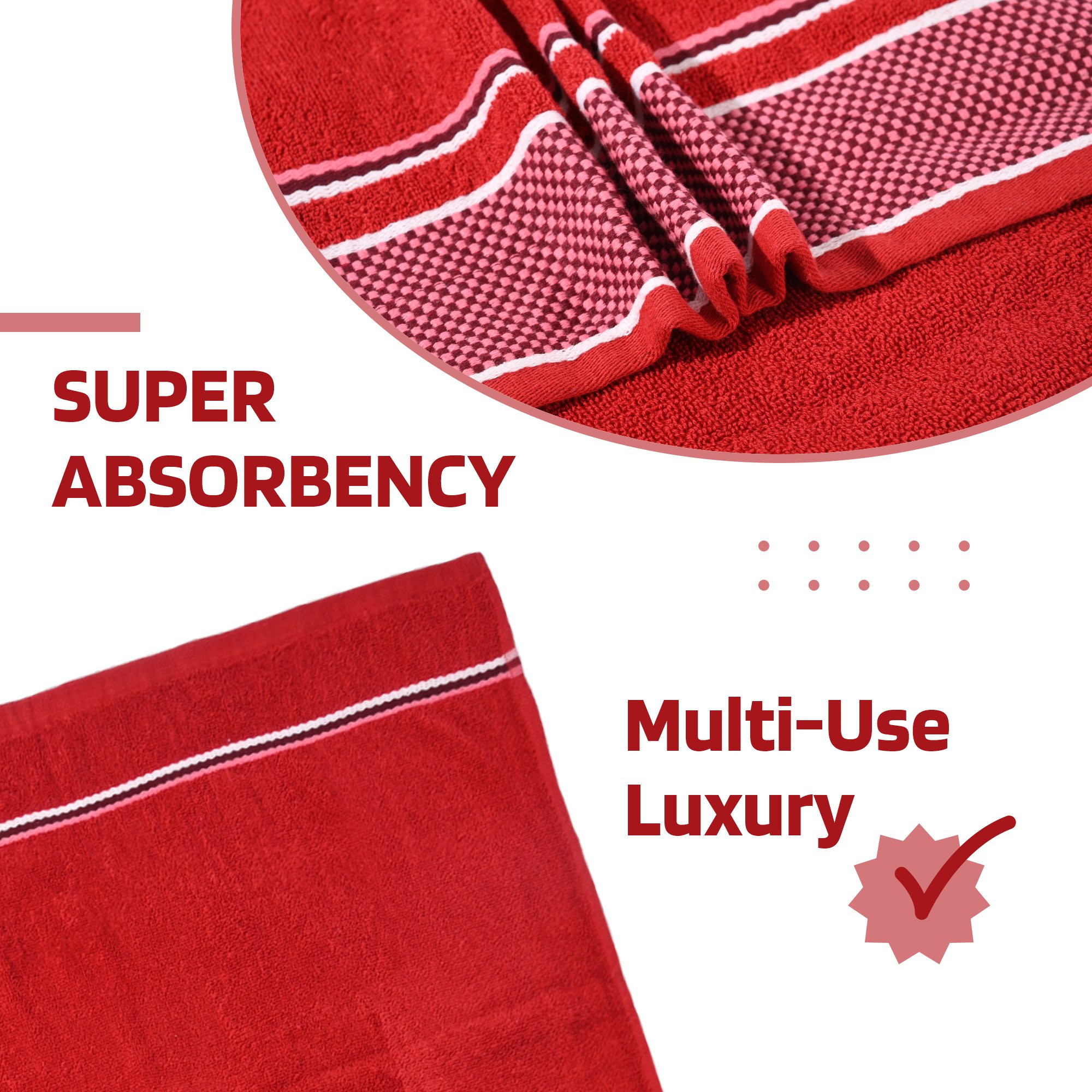 Kuber Industries Bath Towel  Highly Absorbent Bathing Towel  144 GSM Cotton Bathroom Towel  Bath Towel for Men  Towel for Bath-Gym-Travel  Check Border  30x60 Inch  Red