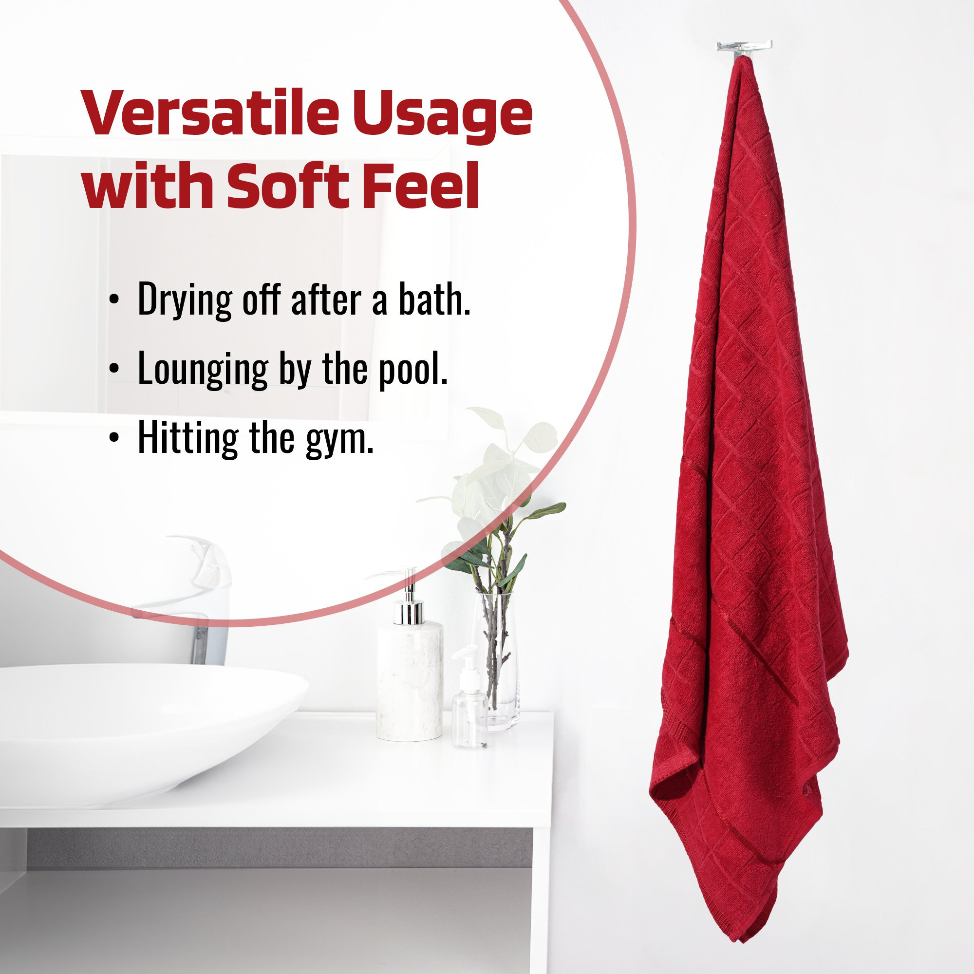 Kuber Industries Bath Towel  Towel for Bath-Gym-Travel  Highly Absorbent Bathing Towel  144 GSM Cotton Bathroom Towel  Bath Towel for Men  Embroidery Print  30x60 Inch  Red