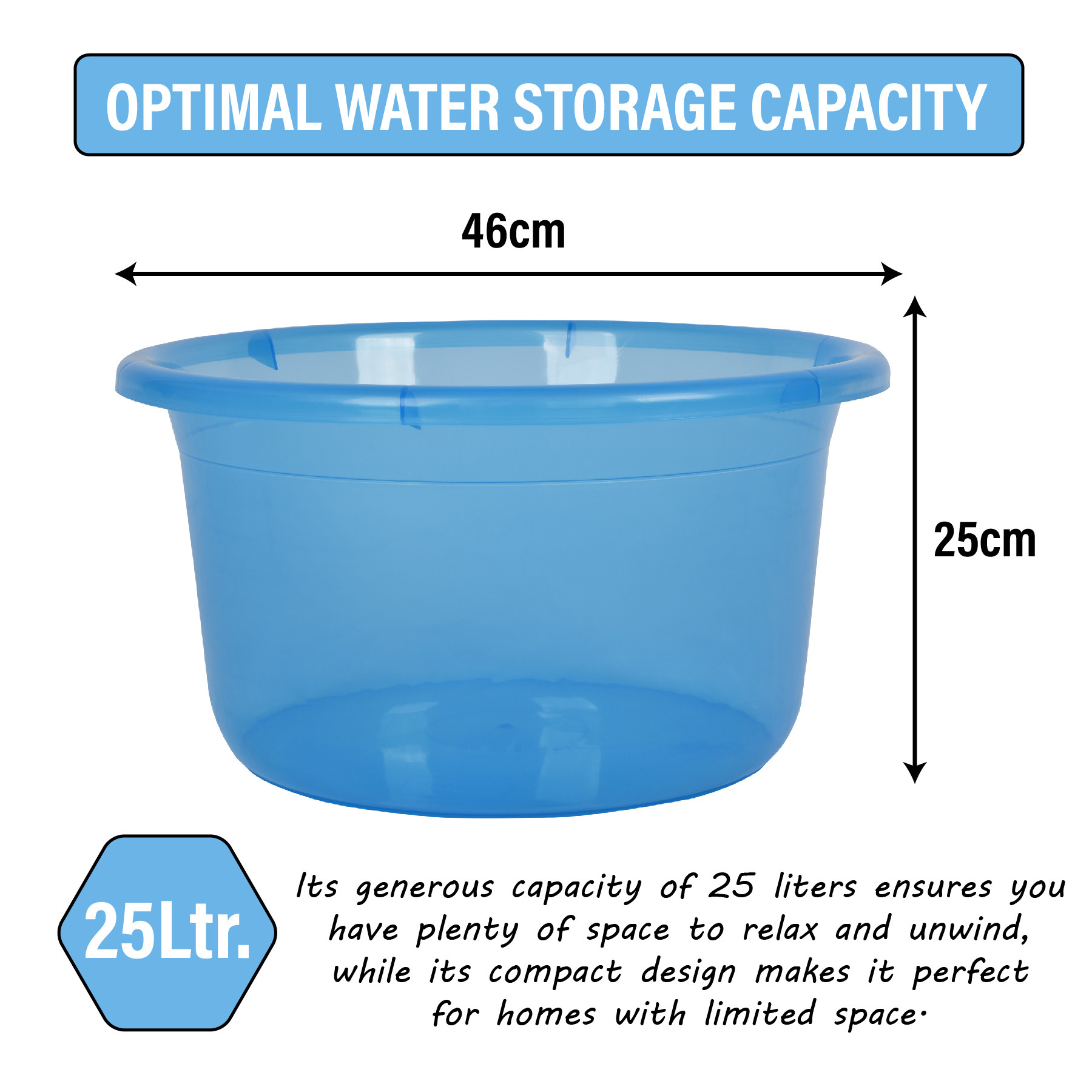 Kuber Industries Bath Tub | Multipurpose Bath Tub | Tub for Bathroom-Feeding Pan-Bathing-Washing Clothes | Washing Tub | Bathroom Tub | Baby Bathing Tub | 25 LTR | Transparent Blue