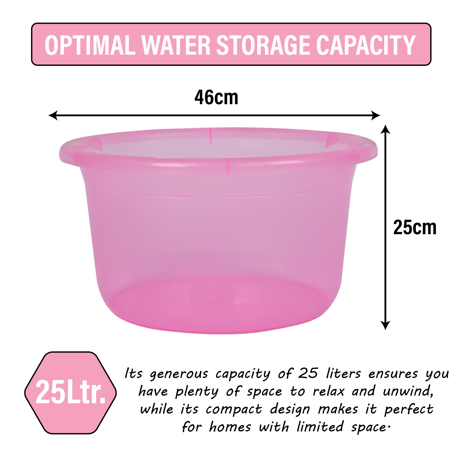 Kuber Industries Bath Tub | Multipurpose Bath Tub | Tub for Bathroom-Feeding Pan-Bathing-Washing Clothes | Washing Tub | Bathroom Tub | Baby Bathing Tub | 25 LTR | Transparent Pink