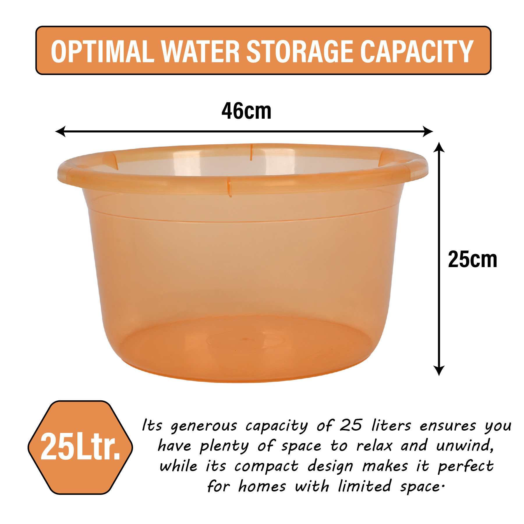 Kuber Industries Bath Tub | Multipurpose Bath Tub | Tub for Bathroom-Feeding Pan-Washing Clothes | Washing Tub | Bathing Bathroom Tub | 25 LTR | Transparent | Gray & Orange