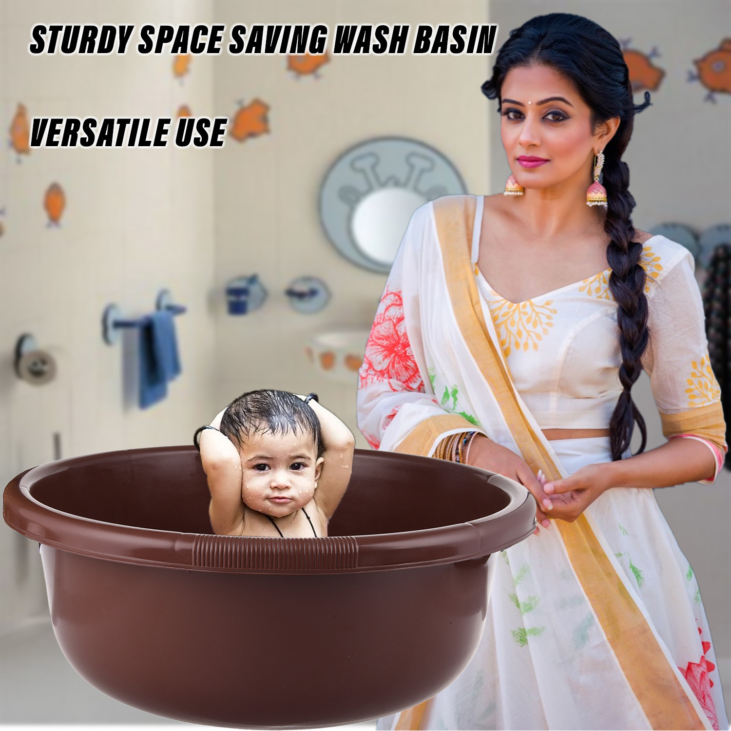 Kuber Industries Bath Tub 38|Versatile Plastic Utility Gaint Tub|Durable Deep Tub for Baby Bathing|Washing Clothes|Feeding Pan|38 Liter|Pack of 2 (Brown & Coffee)