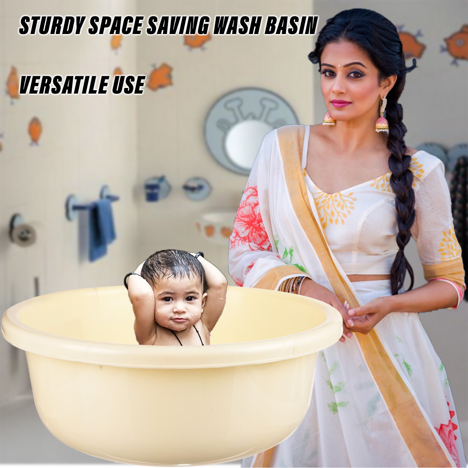 Kuber Industries Bath Tub 38|Versatile Plastic Utility Gaint Tub|Durable Deep Tub for Baby Bathing|Washing Clothes|Feeding Pan|38 Liter|Pack of 2 (Cream & Gray)
