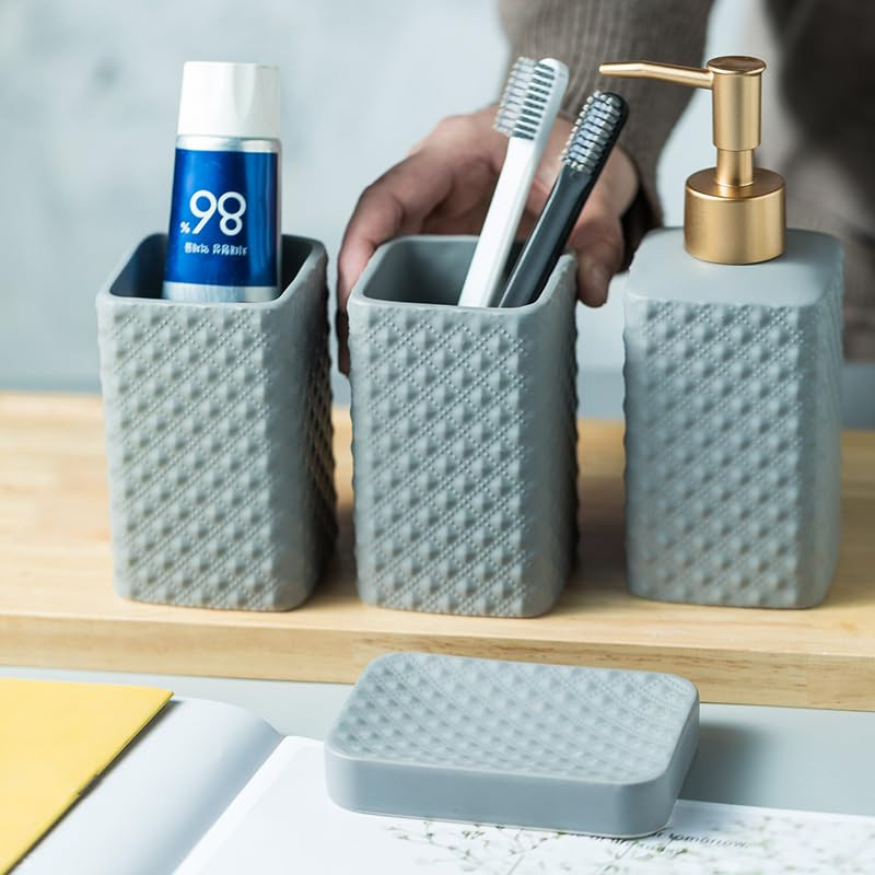 Kuber Industries Bathroom Accessories Set | Ceramic Bathroom Tooth Brush Holder | Bathroom Soap Holder Dish | Kitchen Soap Dispenser 350 ML | Water Cup 340 ML | ZX062GY-4T | Set of 4 | Gray