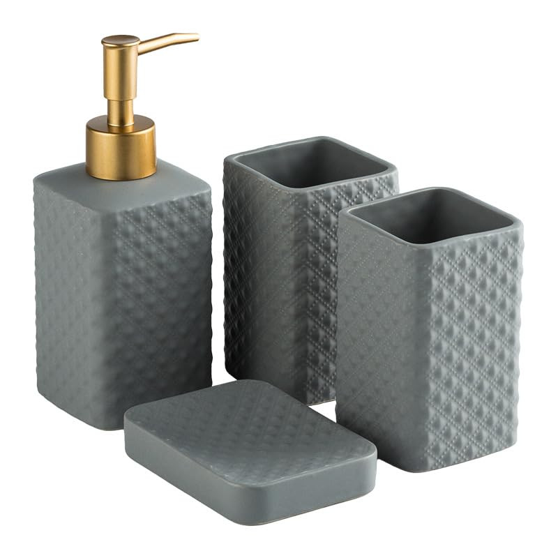 Kuber Industries Bathroom Accessories Set | Ceramic Bathroom Tooth Brush Holder | Bathroom Soap Holder Dish | Kitchen Soap Dispenser 350 ML | Water Cup 340 ML | ZX062GY-4T | Set of 4 | Gray