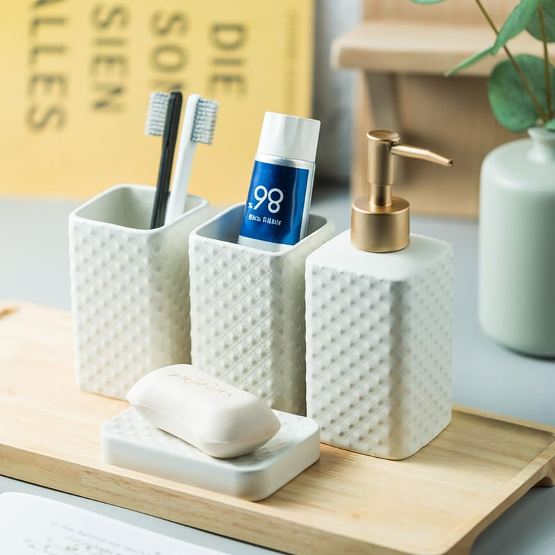 Kuber Industries Bathroom Accessories Set | Ceramic Bathroom Tooth Brush Holder | Bathroom Soap Holder Dish | Kitchen Soap Dispenser 350 ML | Water Cup 340 ML | ZX062WT-4T | Set of 4 | White
