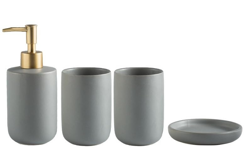 Kuber Industries Bathroom Accessories Set | Handwash Soap Dispenser | Water Cup | Soap Holder Dish for Bathroom | Toothbrush Holder for Bathroom | 4 Piece | Gray