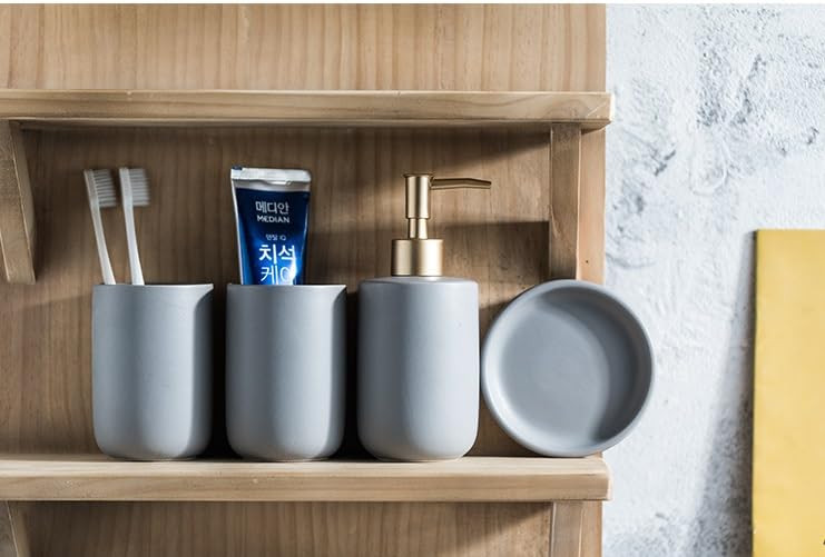 Kuber Industries Bathroom Accessories Set | Handwash Soap Dispenser | Water Cup | Soap Holder Dish for Bathroom | Toothbrush Holder for Bathroom | 4 Piece | Gray