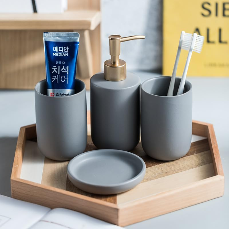 Kuber Industries Bathroom Accessories Set | Handwash Soap Dispenser | Water Cup | Soap Holder Dish for Bathroom | Toothbrush Holder for Bathroom | 4 Piece | Gray