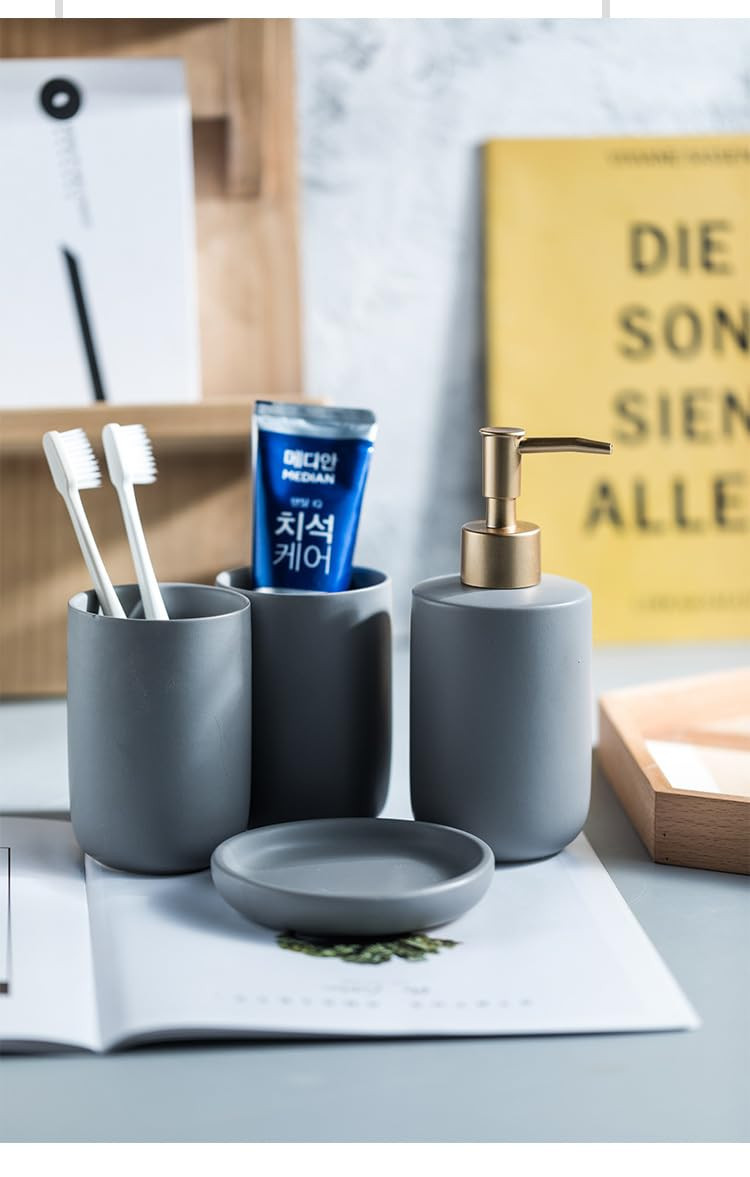 Kuber Industries Bathroom Accessories Set | Handwash Soap Dispenser | Water Cup | Soap Holder Dish for Bathroom | Toothbrush Holder for Bathroom | 4 Piece | Gray