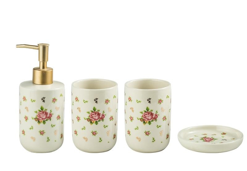 Kuber Industries Bathroom Accessories Set | Handwash Soap Dispenser | Water Cup | Soap Holder Dish for Bathroom | Toothbrush Holder for Bathroom | 4 Piece | ZX055WT | White