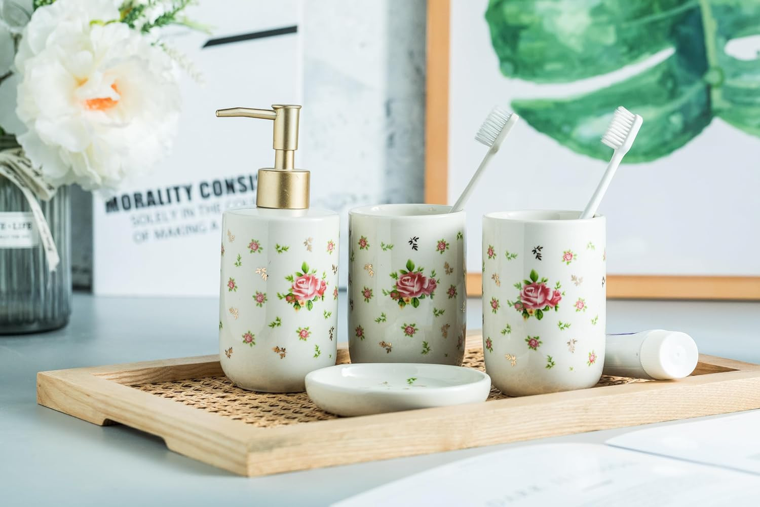 Kuber Industries Bathroom Accessories Set | Handwash Soap Dispenser | Water Cup | Soap Holder Dish for Bathroom | Toothbrush Holder for Bathroom | 4 Piece | ZX055WT | White