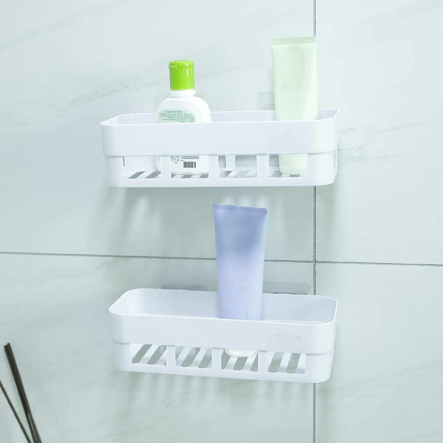 Kuber Industries Bathroom & Kitchen Organizer | Durable & Non-Toxic | Self-Adhesive | Drainage Holes | Multipurpose Set of Storage Racks & Shelves | Pack of 2 | White