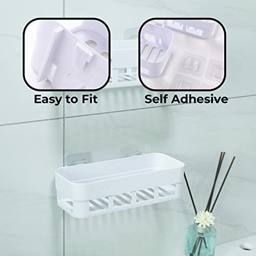 Kuber Industries Bathroom & Kitchen Organizer | Durable & Non-Toxic | Self-Adhesive | Drainage Holes | Multipurpose Set of Storage Racks & Shelves | Pack of 2 | White