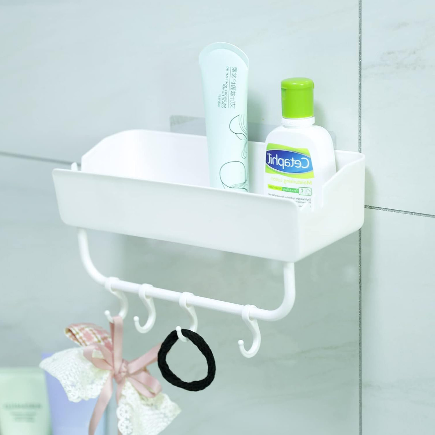 Kuber Industries Bathroom & Kitchen Organizer with Hooks | Multipurpose Rectangular Wall Shelves | Self-Adhesive PP | A2912 | Pack of 2 | White Storage Rack