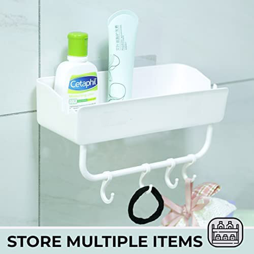 Kuber Industries Bathroom & Kitchen Organizer with Hooks | Multipurpose Rectangular Wall Shelves | Self-Adhesive PP | A2912 | Pack of 2 | White Storage Rack
