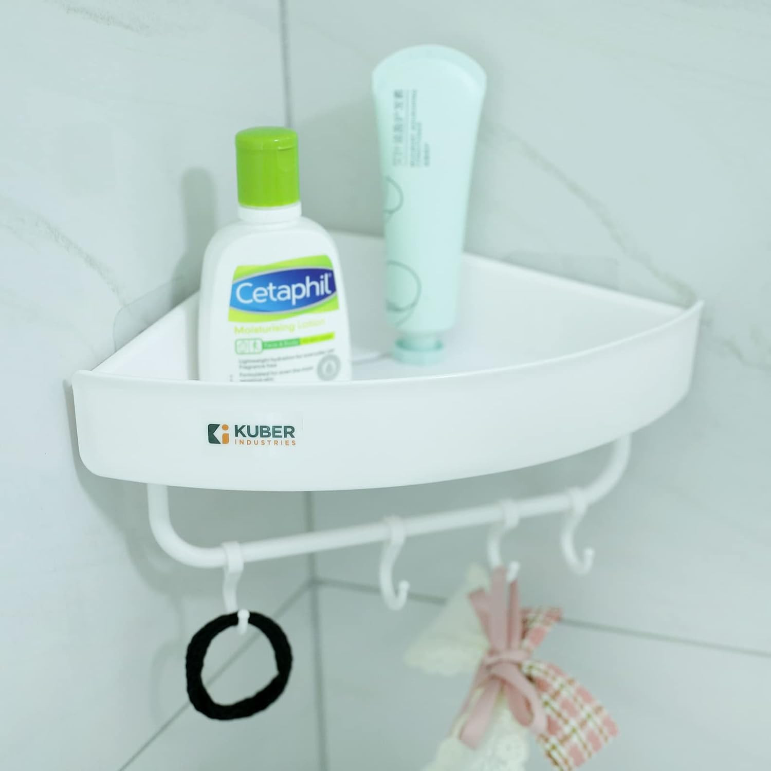 Kuber Industries Bathroom & Kitchen Organizer With Towel Hanger Hooks|Multipurpose Corner Wall Shelves|Self-Adhesive|Premium Quality PP|Pack of 2|A2910|White