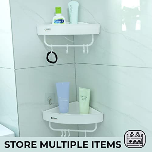 Kuber Industries Bathroom & Kitchen Organizer With Towel Hanger Hooks|Multipurpose Corner Wall Shelves|Self-Adhesive|Premium Quality PP|Pack of 2|A2910|White
