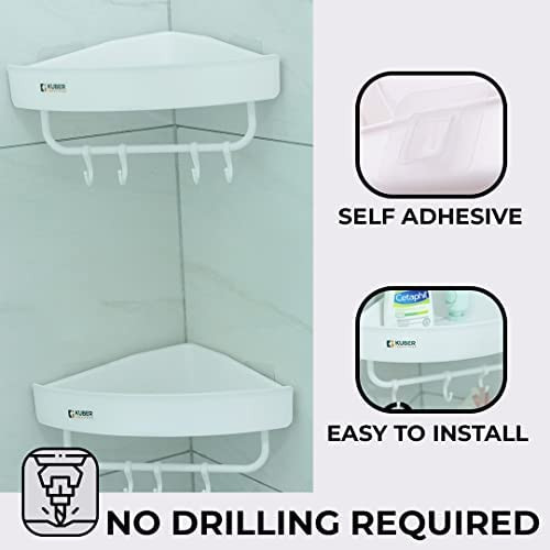 Kuber Industries Bathroom & Kitchen Organizer With Towel Hanger Hooks|Multipurpose Corner Wall Shelves|Self-Adhesive|Premium Quality PP|Pack of 2|A2910|White