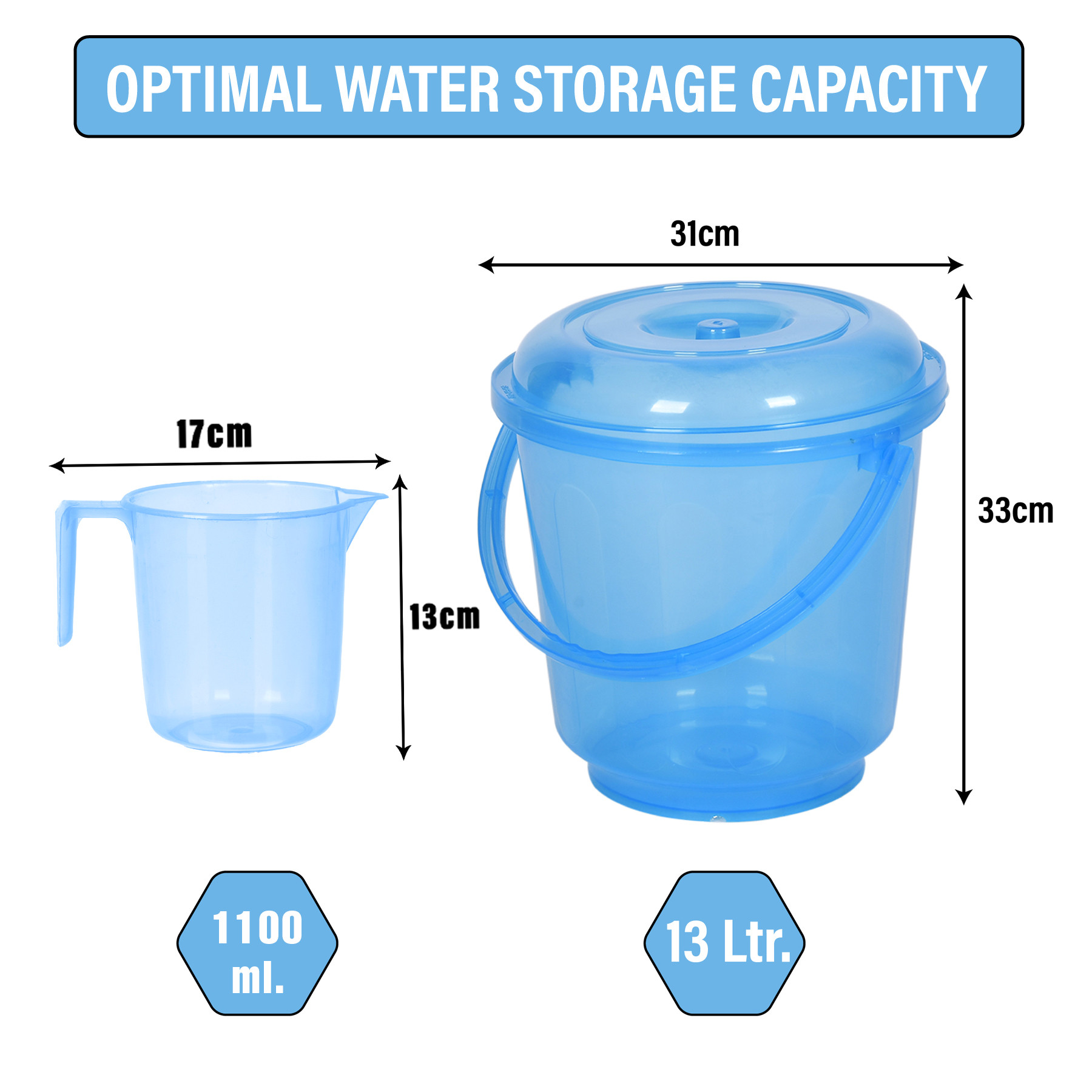 Kuber Industries Bathroom Combo Set | Bathroom Combo Set | Bucket-13 L & Mug-1100 ml Bathing Set for Bathroom | Modern Bathroom Accessories Set | Transparent Blue