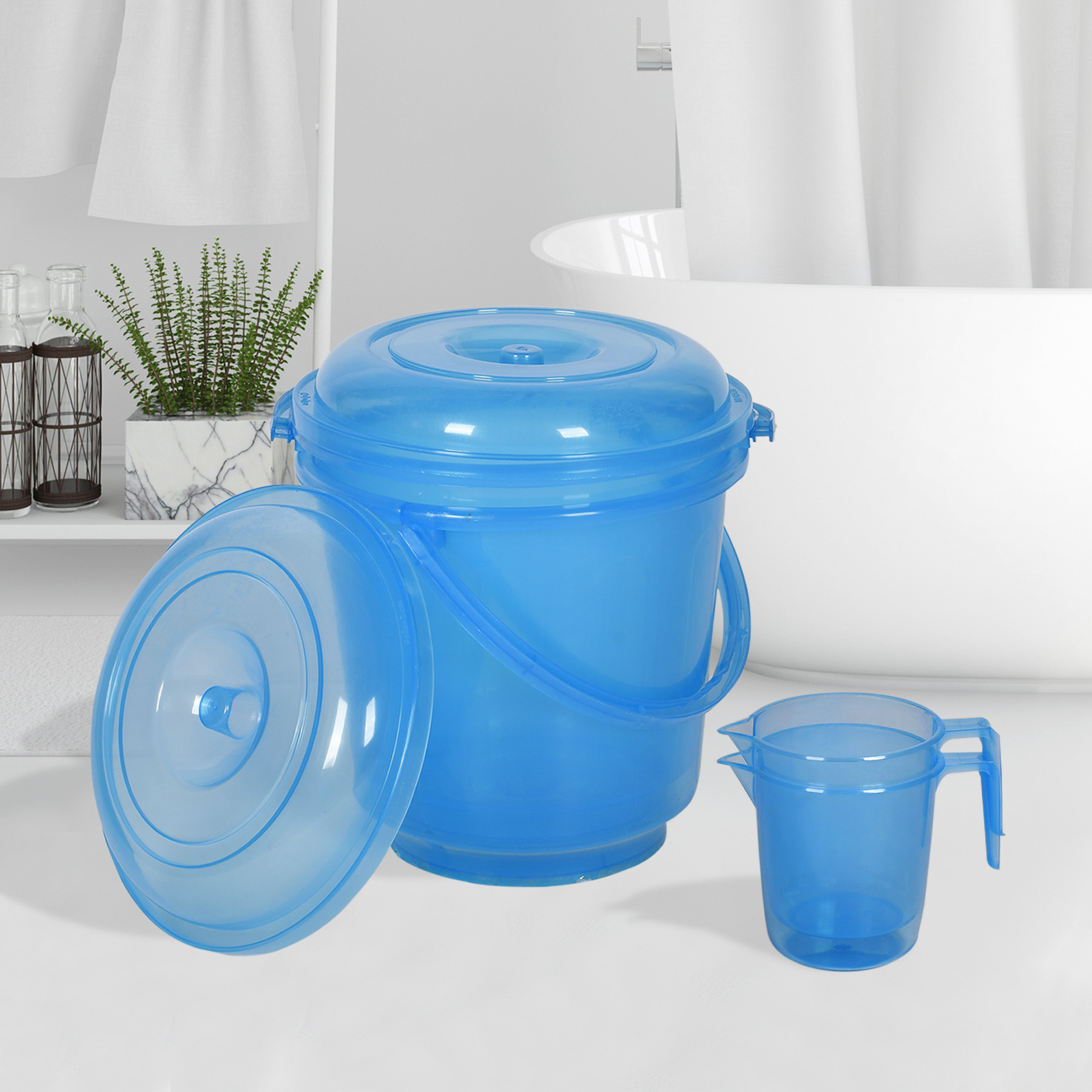 Kuber Industries Bathroom Combo Set | Bathroom Combo Set | Bucket-13 L & Mug-1100 ml Bathing Set for Bathroom | Modern Bathroom Accessories Set | Transparent Blue