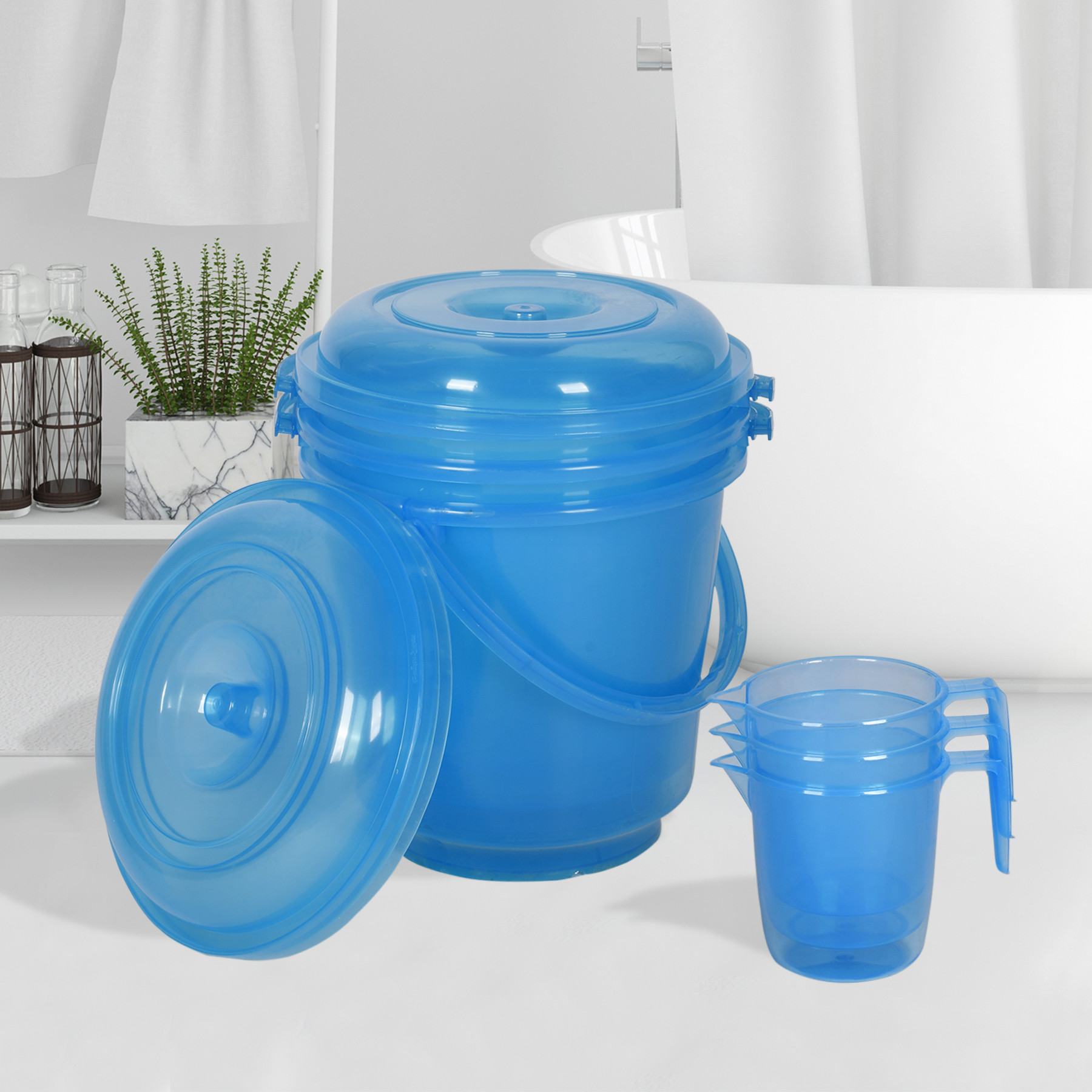 Kuber Industries Bathroom Combo Set | Bathroom Combo Set | Bucket-13 L & Mug-1100 ml Bathing Set for Bathroom | Modern Bathroom Accessories Set | Transparent Blue