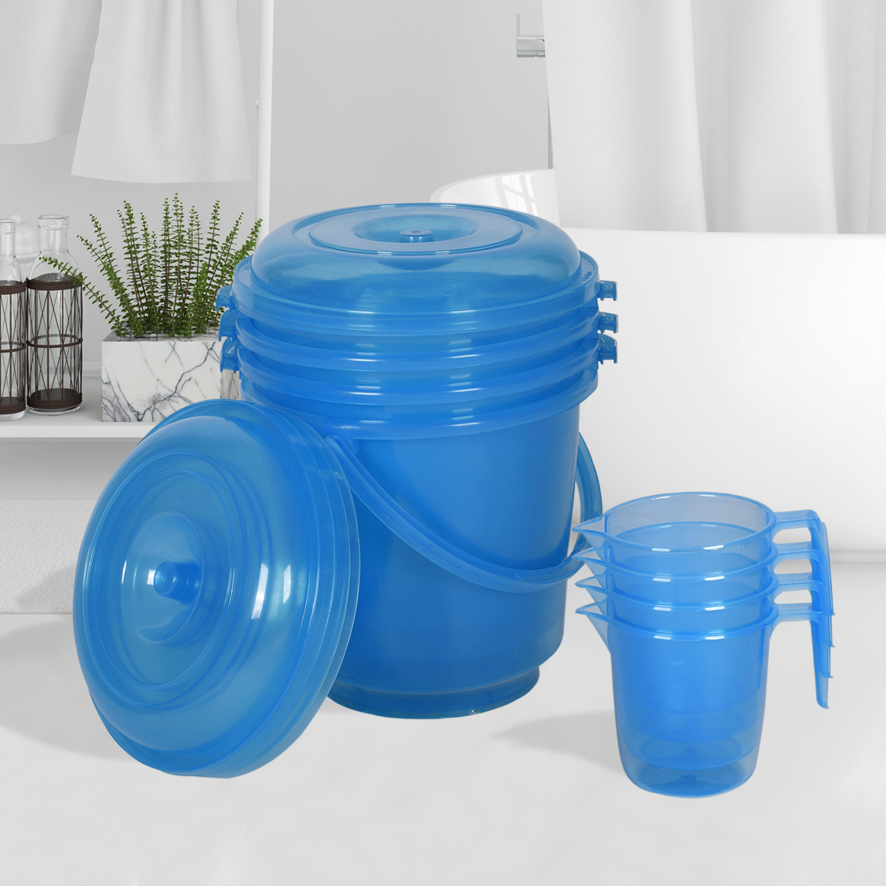 Kuber Industries Bathroom Combo Set | Bathroom Combo Set | Bucket-13 L & Mug-1100 ml Bathing Set for Bathroom | Modern Bathroom Accessories Set | Transparent Blue