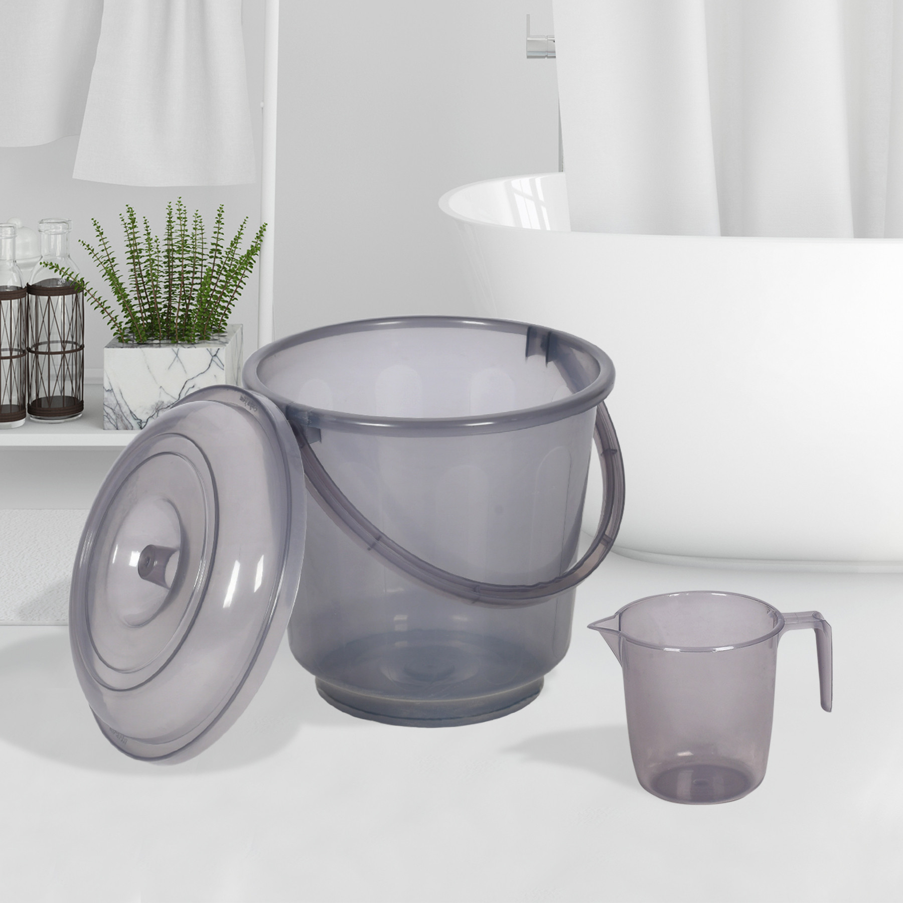 Kuber Industries Bathroom Combo Set | Bathroom Combo Set | Bucket-13 L & Mug-1100 ml Bathing Set for Bathroom | Modern Bathroom Accessories Set | Transparent Gray