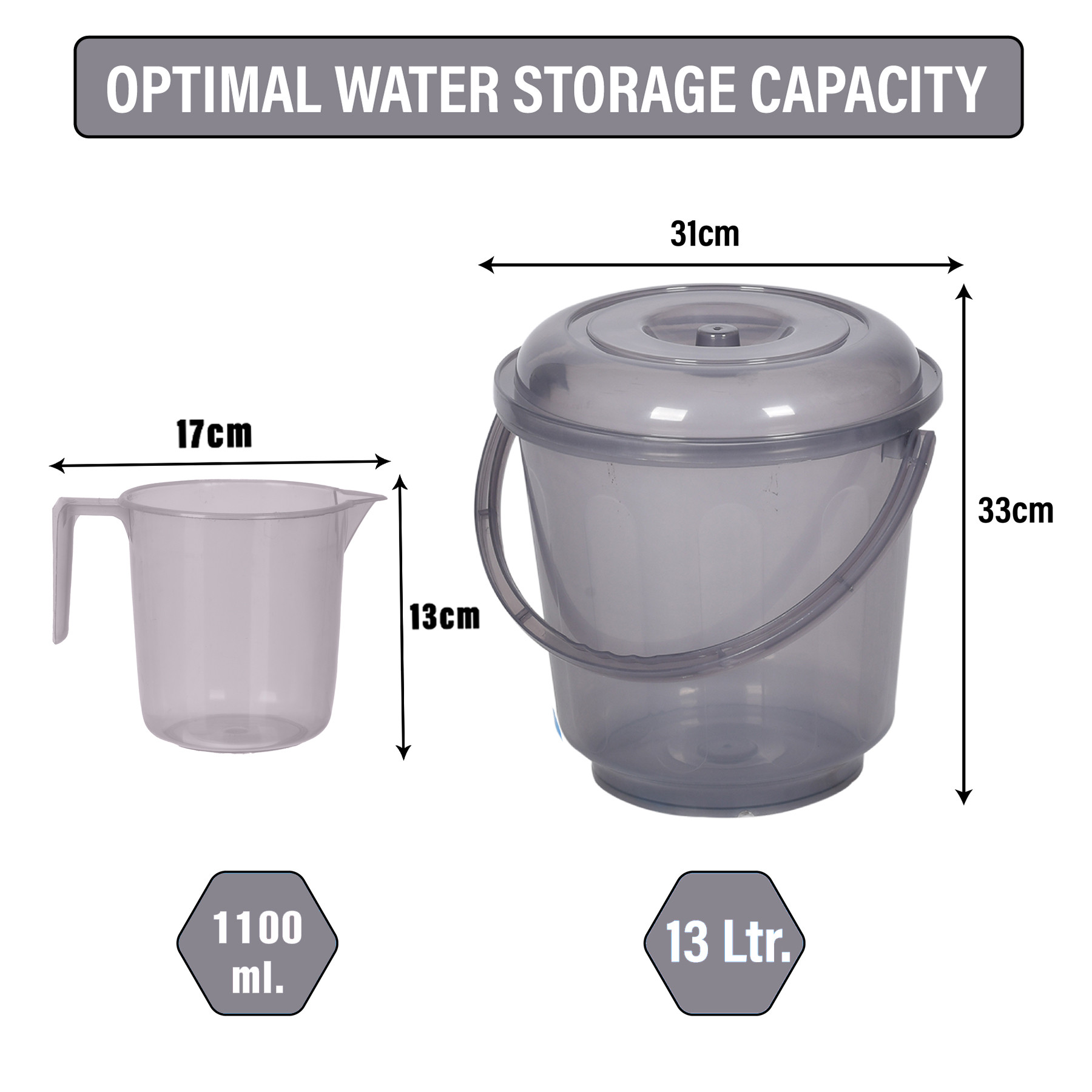 Kuber Industries Bathroom Combo Set | Bathroom Combo Set | Bucket-13 L & Mug-1100 ml Bathing Set for Bathroom | Modern Bathroom Accessories Set | Transparent Gray