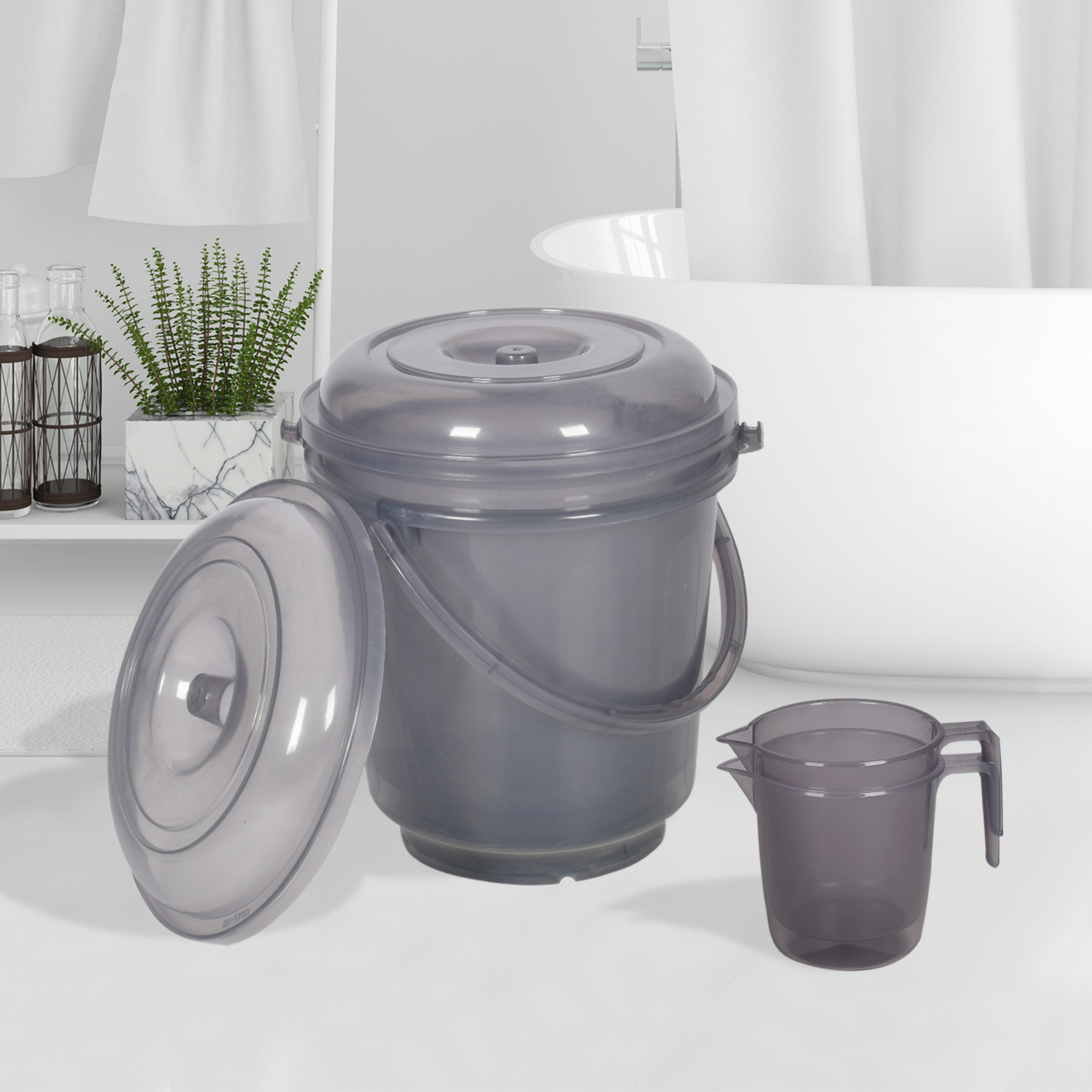 Kuber Industries Bathroom Combo Set | Bathroom Combo Set | Bucket-13 L & Mug-1100 ml Bathing Set for Bathroom | Modern Bathroom Accessories Set | Transparent Gray