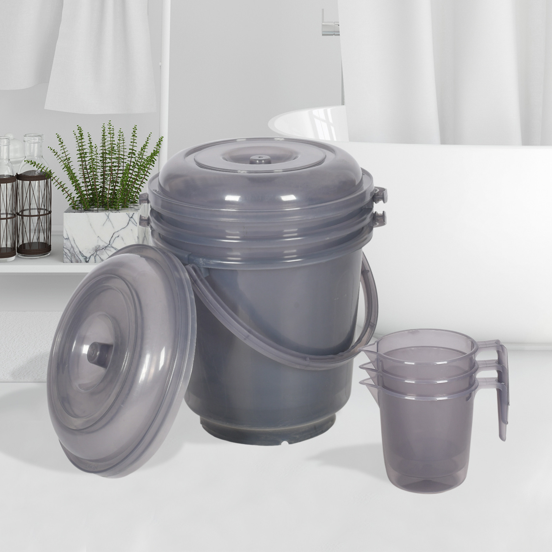 Kuber Industries Bathroom Combo Set | Bathroom Combo Set | Bucket-13 L & Mug-1100 ml Bathing Set for Bathroom | Modern Bathroom Accessories Set | Transparent Gray
