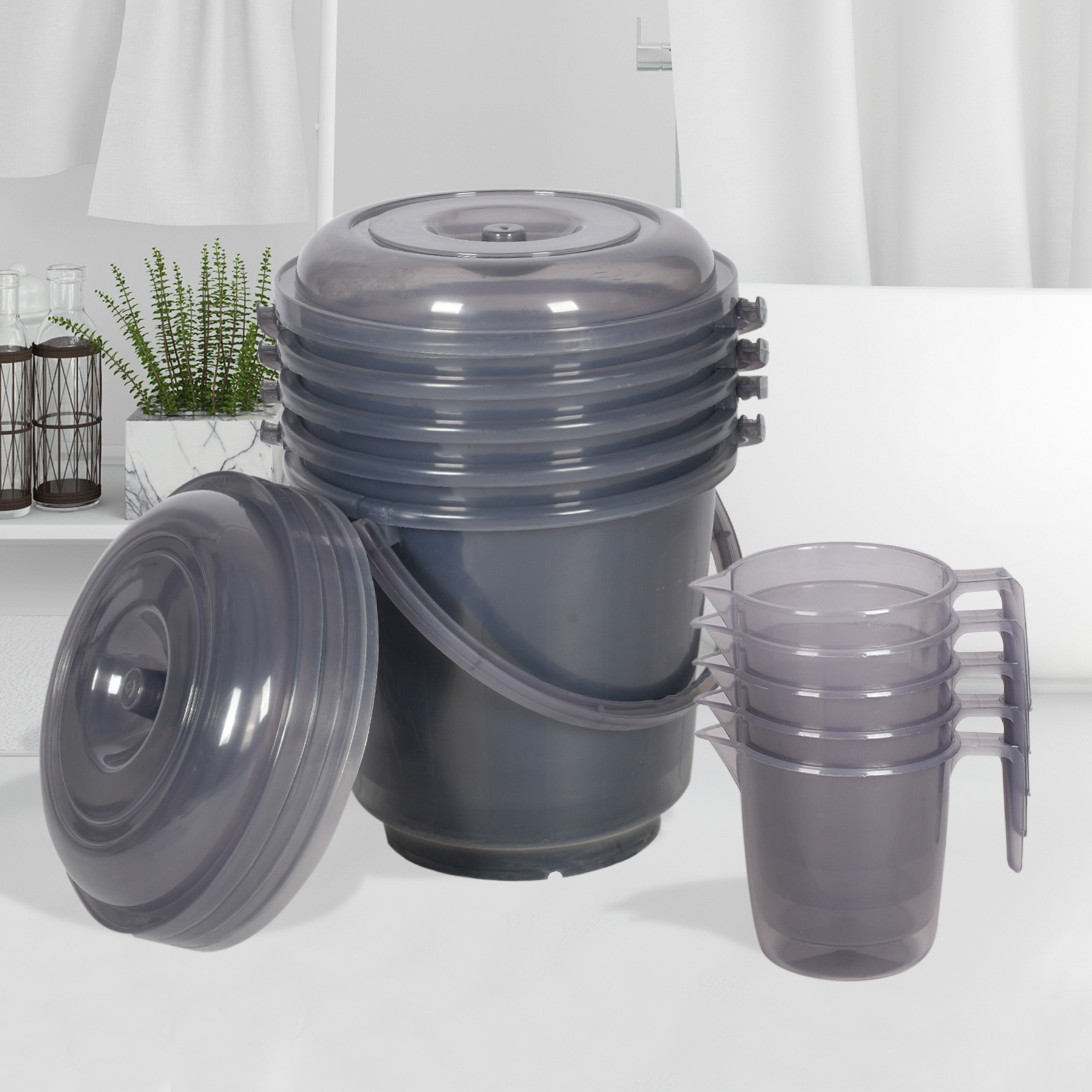 Kuber Industries Bathroom Combo Set | Bathroom Combo Set | Bucket-13 L & Mug-1100 ml Bathing Set for Bathroom | Modern Bathroom Accessories Set | Transparent Gray