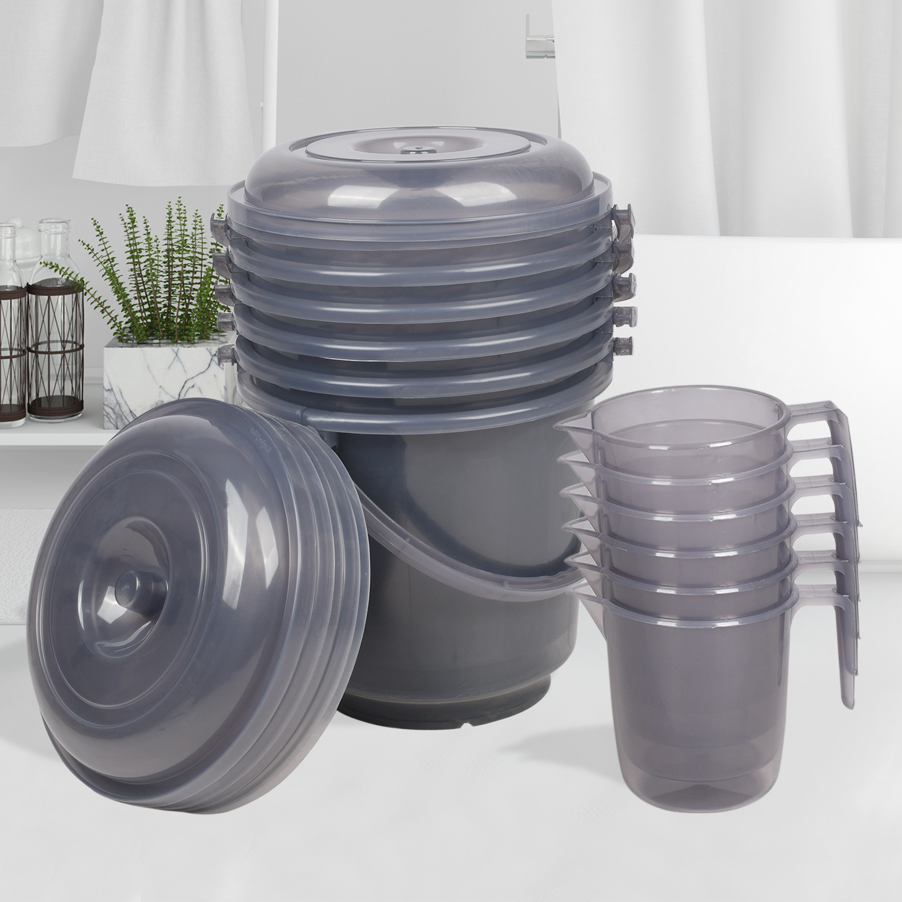 Kuber Industries Bathroom Combo Set | Bathroom Combo Set | Bucket-13 L & Mug-1100 ml Bathing Set for Bathroom | Modern Bathroom Accessories Set | Transparent Gray