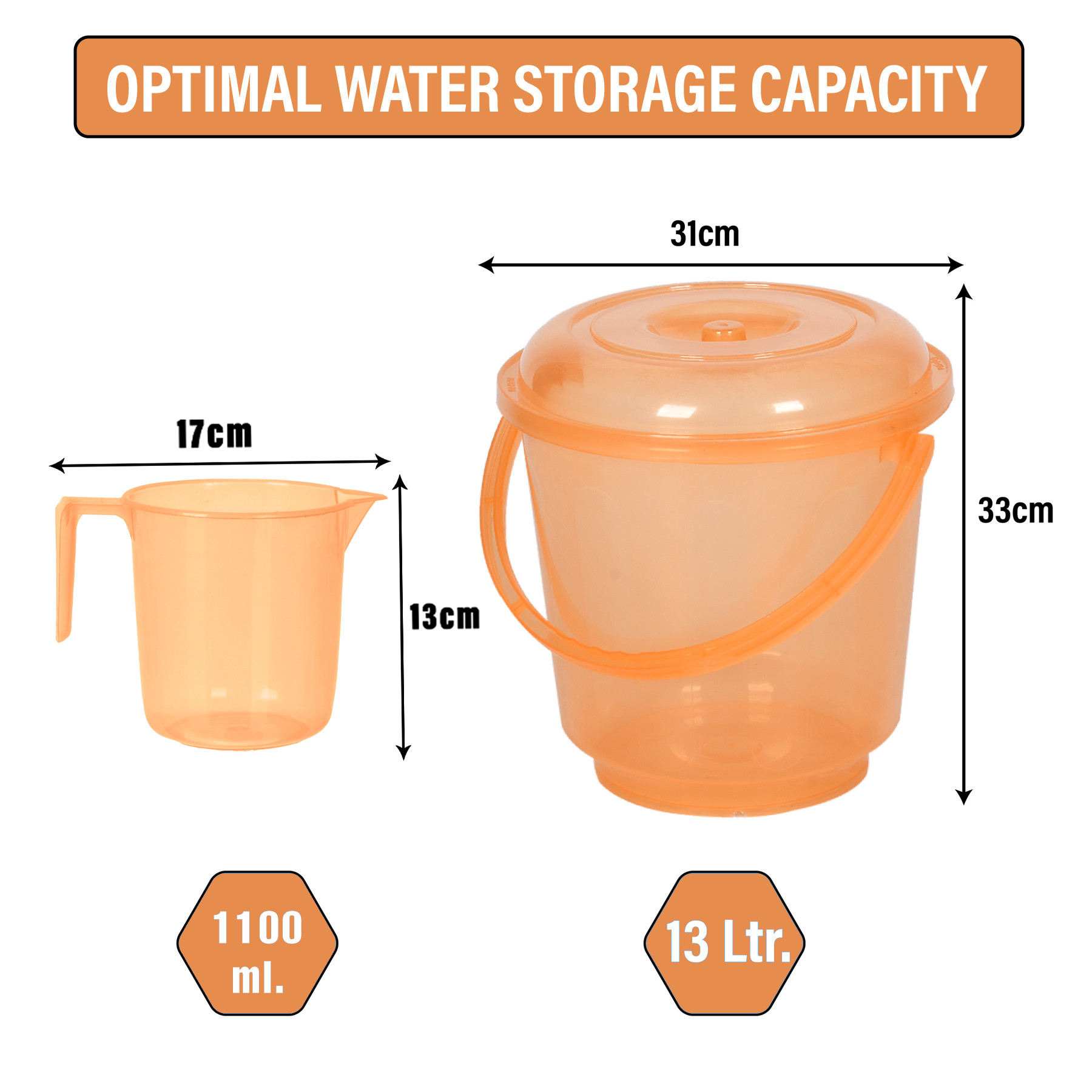 Kuber Industries Bathroom Combo Set | Bathroom Combo Set | Bucket-13 L & Mug-1100 ml Bathing Set for Bathroom | Modern Bathroom Accessories Set | Transparent Orange