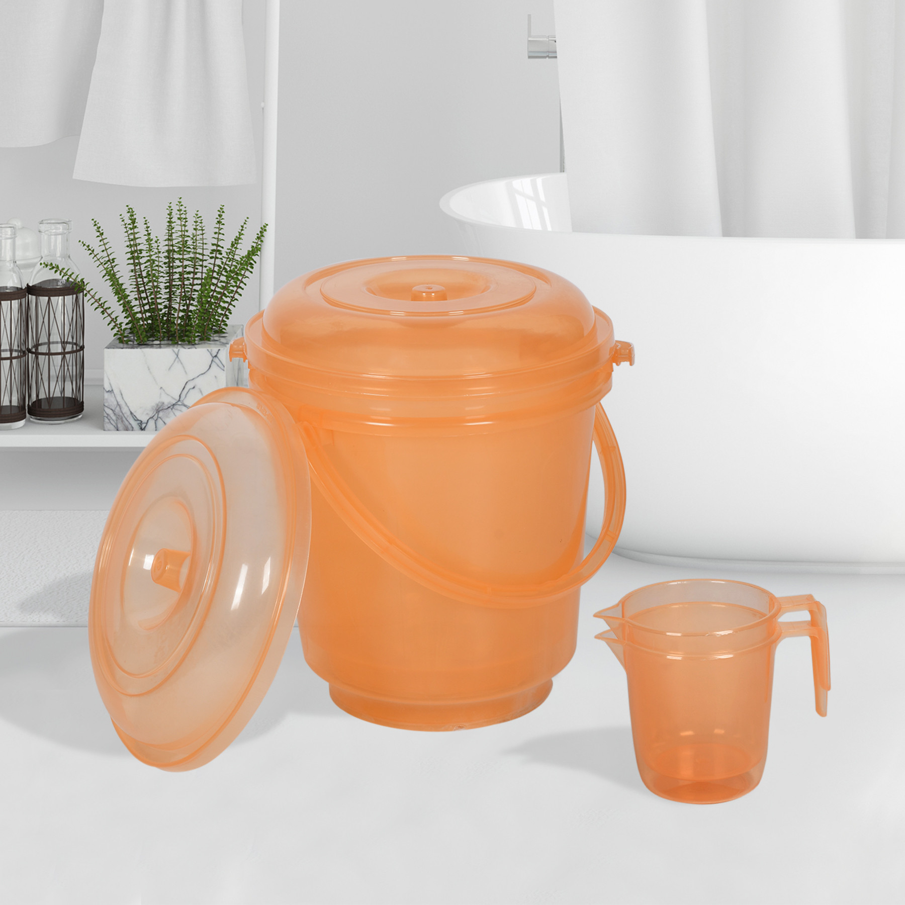 Kuber Industries Bathroom Combo Set | Bathroom Combo Set | Bucket-13 L & Mug-1100 ml Bathing Set for Bathroom | Modern Bathroom Accessories Set | Transparent Orange