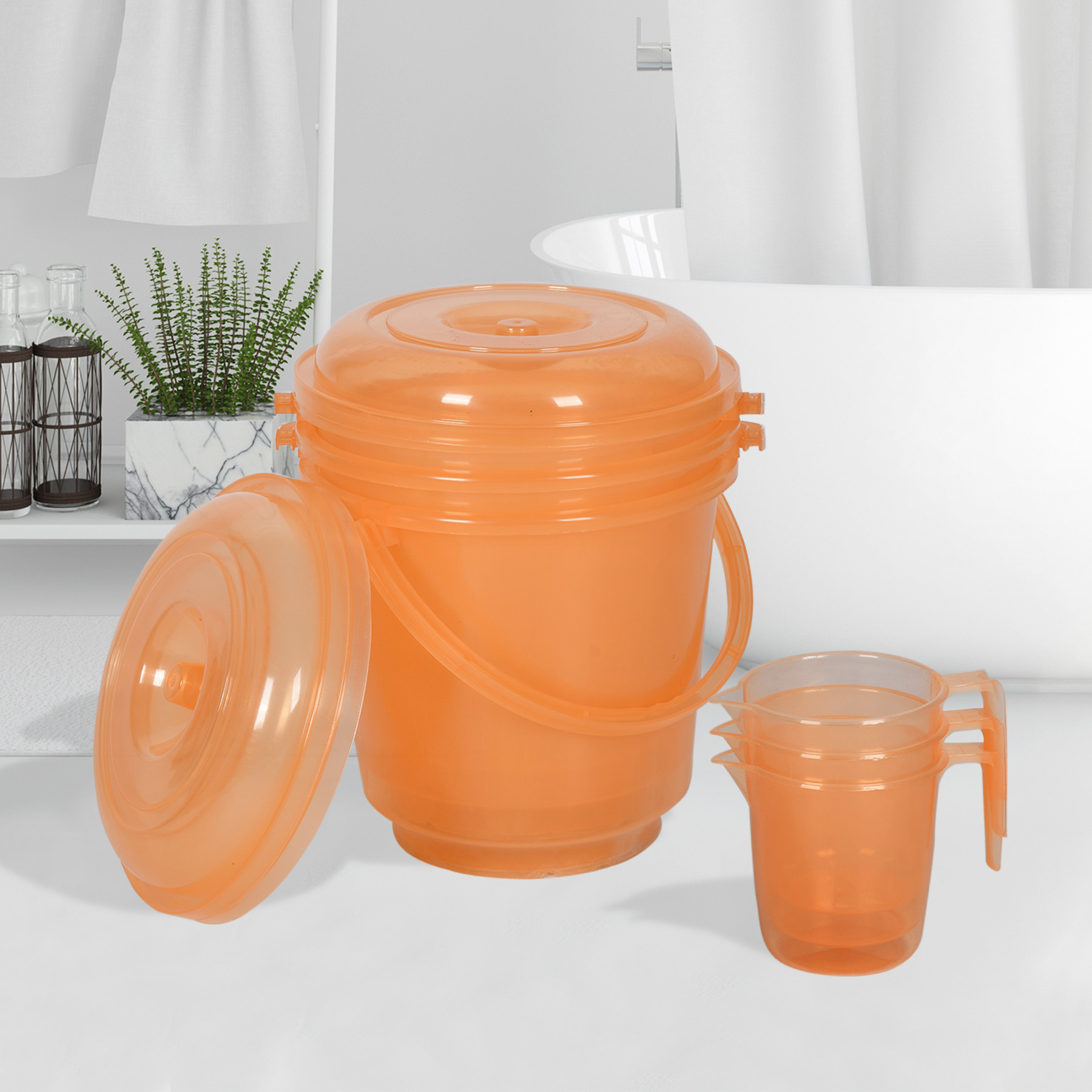Kuber Industries Bathroom Combo Set | Bathroom Combo Set | Bucket-13 L & Mug-1100 ml Bathing Set for Bathroom | Modern Bathroom Accessories Set | Transparent Orange