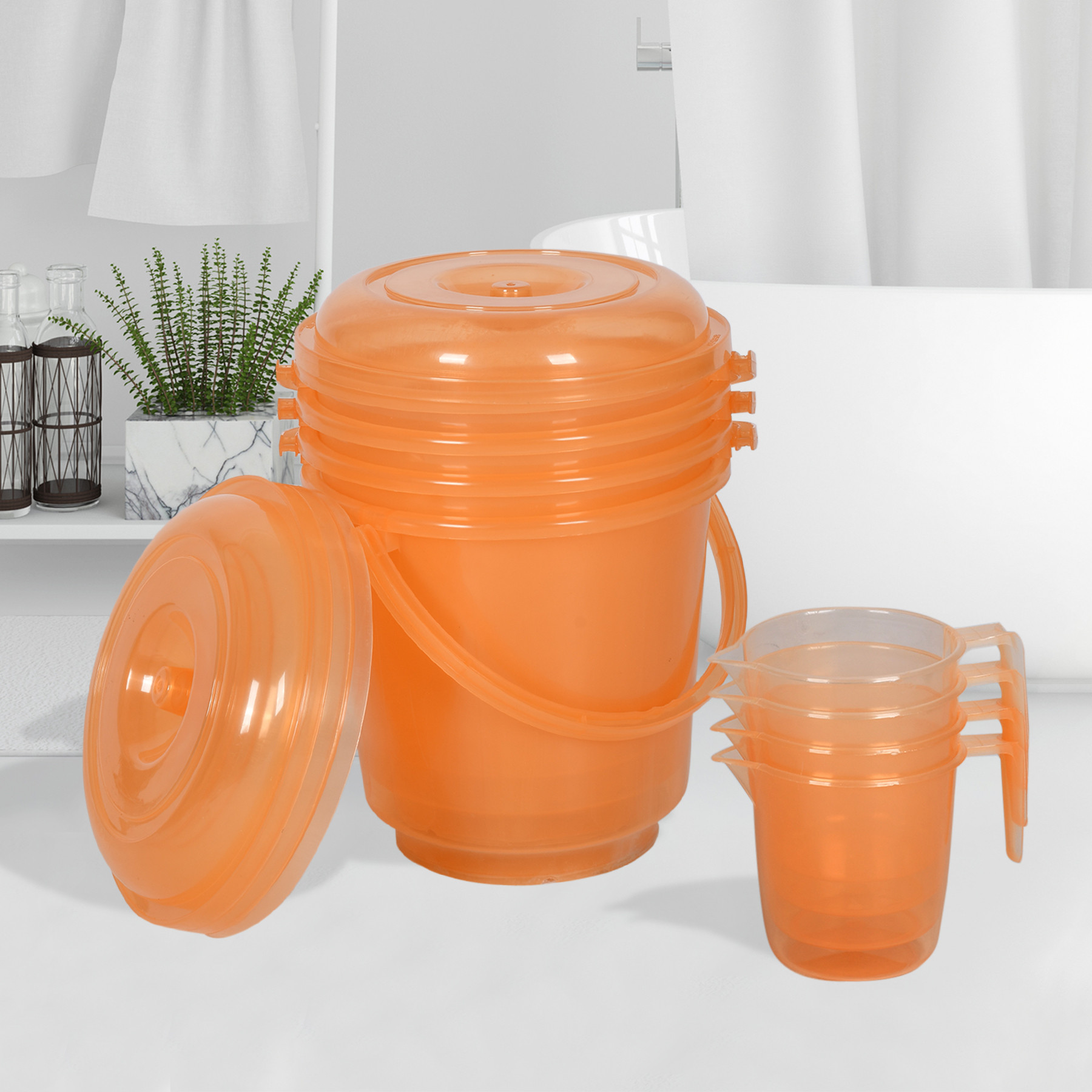 Kuber Industries Bathroom Combo Set | Bathroom Combo Set | Bucket-13 L & Mug-1100 ml Bathing Set for Bathroom | Modern Bathroom Accessories Set | Transparent Orange