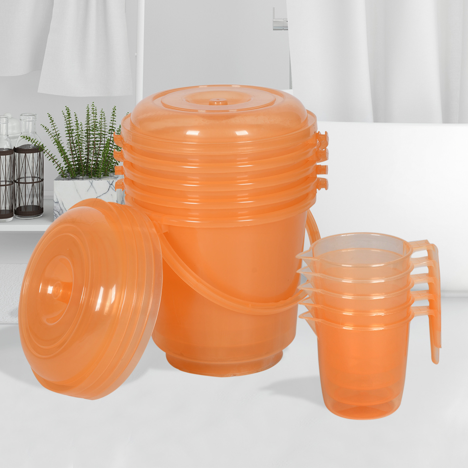 Kuber Industries Bathroom Combo Set | Bathroom Combo Set | Bucket-13 L & Mug-1100 ml Bathing Set for Bathroom | Modern Bathroom Accessories Set | Transparent Orange