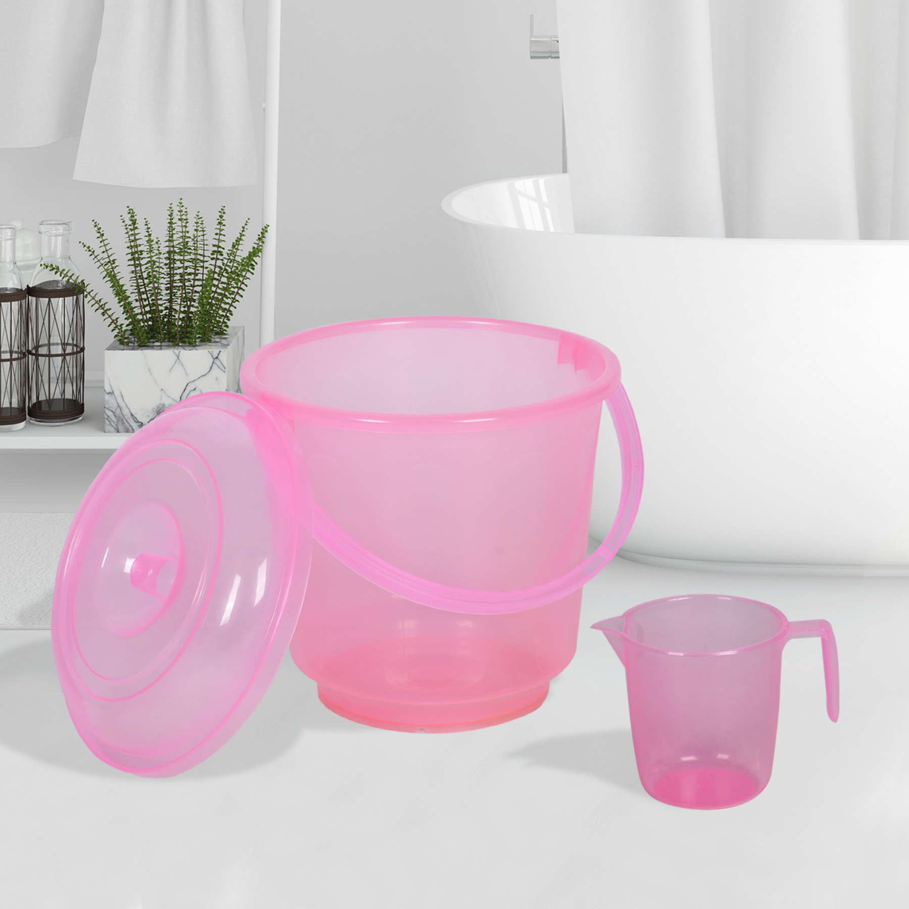Kuber Industries Bathroom Combo Set | Bathroom Combo Set | Bucket-13 L & Mug-1100 ml Bathing Set for Bathroom | Modern Bathroom Accessories Set | Transparent Pink