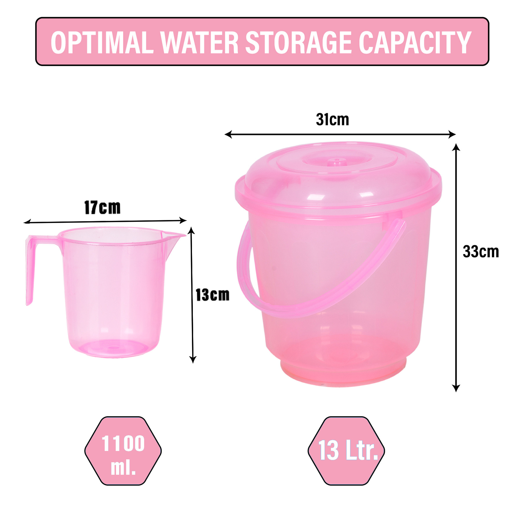 Kuber Industries Bathroom Combo Set | Bathroom Combo Set | Bucket-13 L & Mug-1100 ml Bathing Set for Bathroom | Modern Bathroom Accessories Set | Transparent Pink